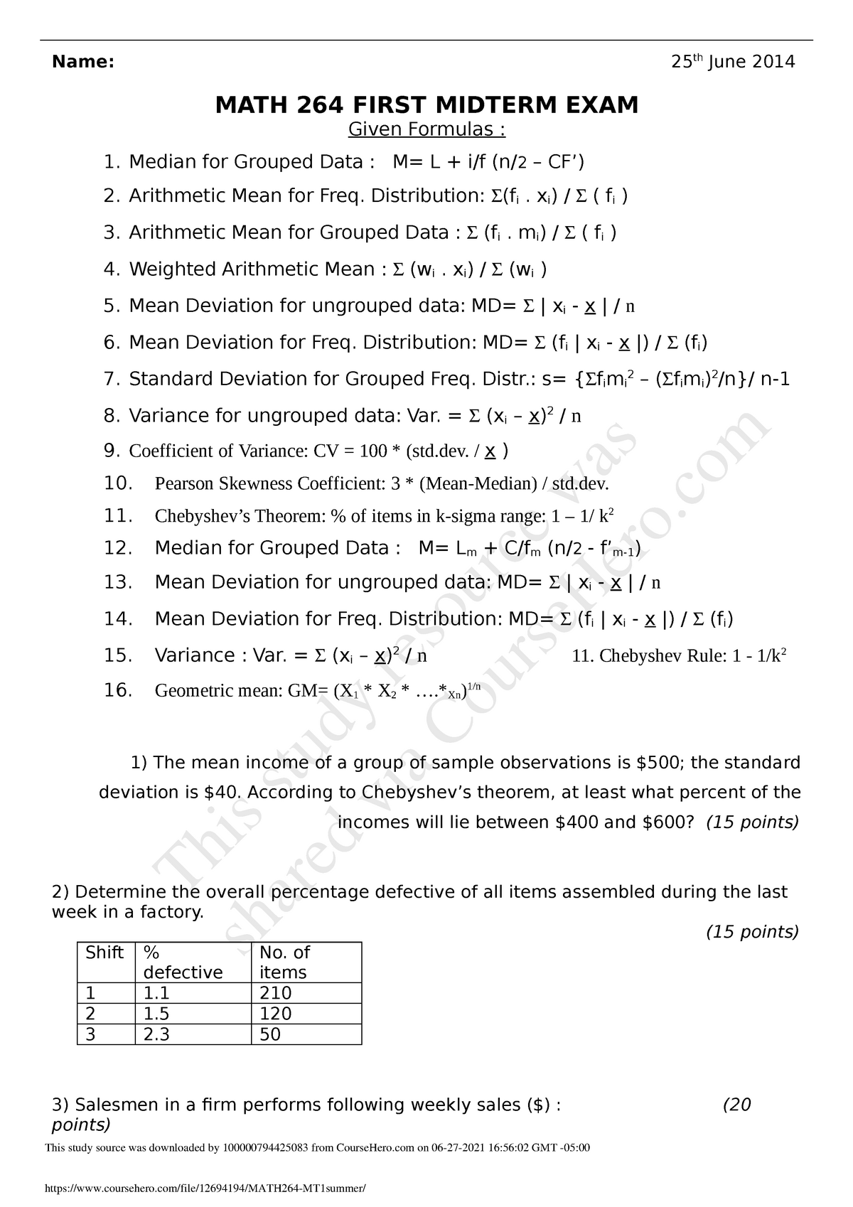 MATH264 MT1summer - Lecture Note For Math 264 Statistics, Graphic Data ...