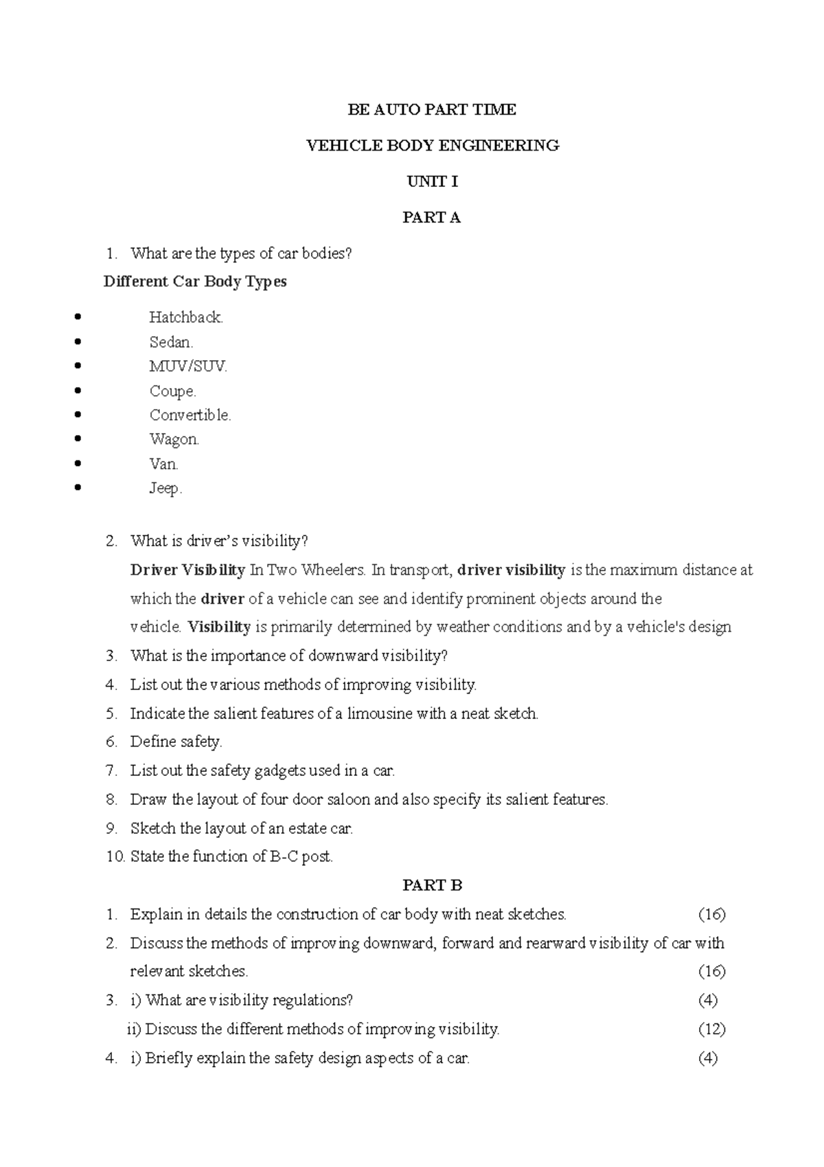 VBE notes BE AUTO PART TIME VEHICLE BODY ENGINEERING UNIT I PART A