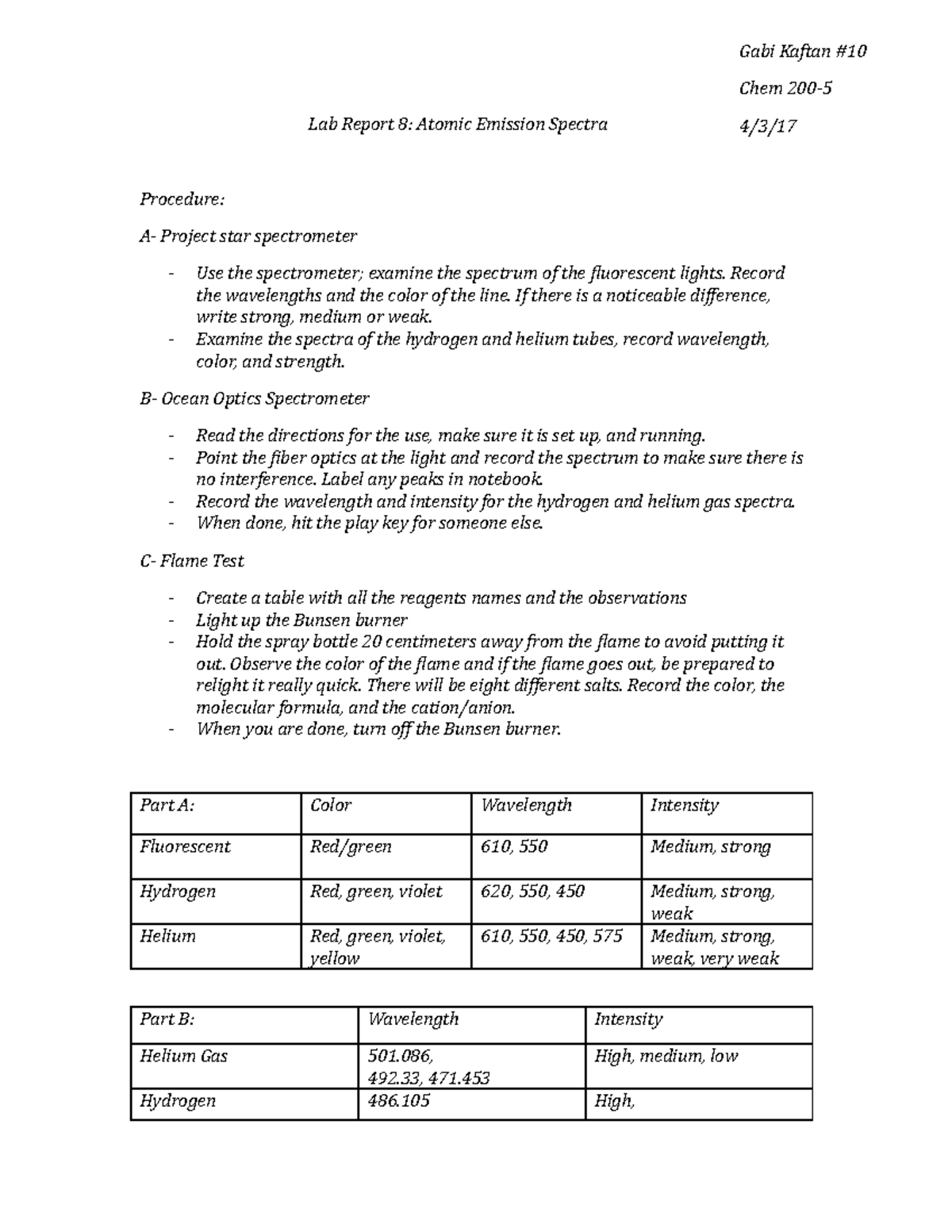 Lab Report 8 - Gabi Kaftan #10 Chem 200-5 Lab Report 8: Atomic Emission ...