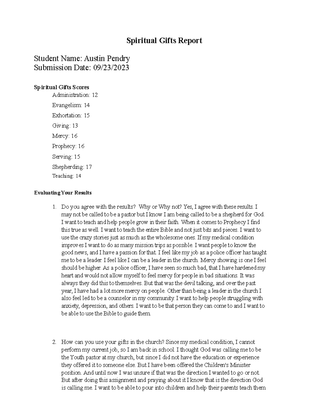 Spiritual Gifts Report Template - Spiritual Gifts Report Student Name ...