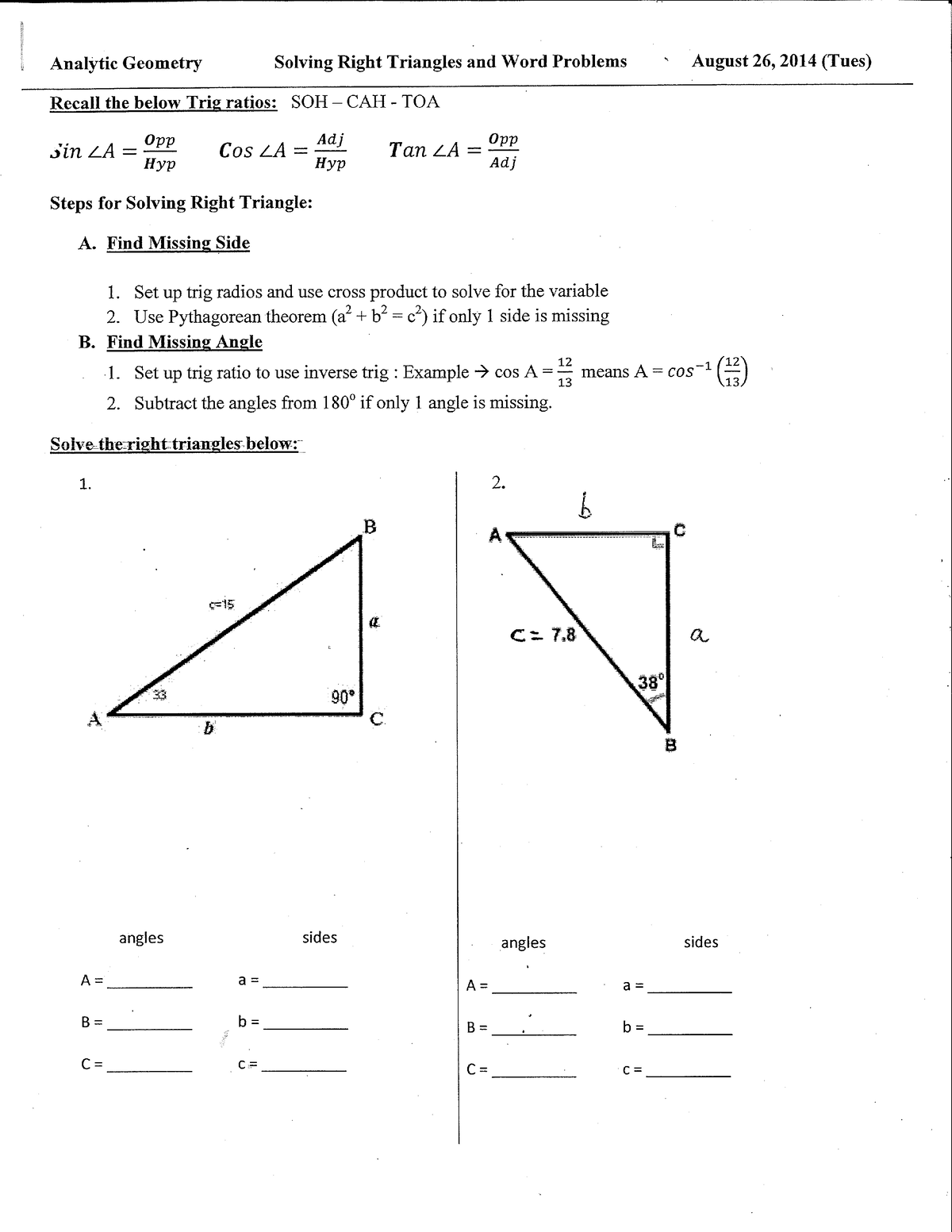 Solve right triangle word problems handout solutions - Social Science ...