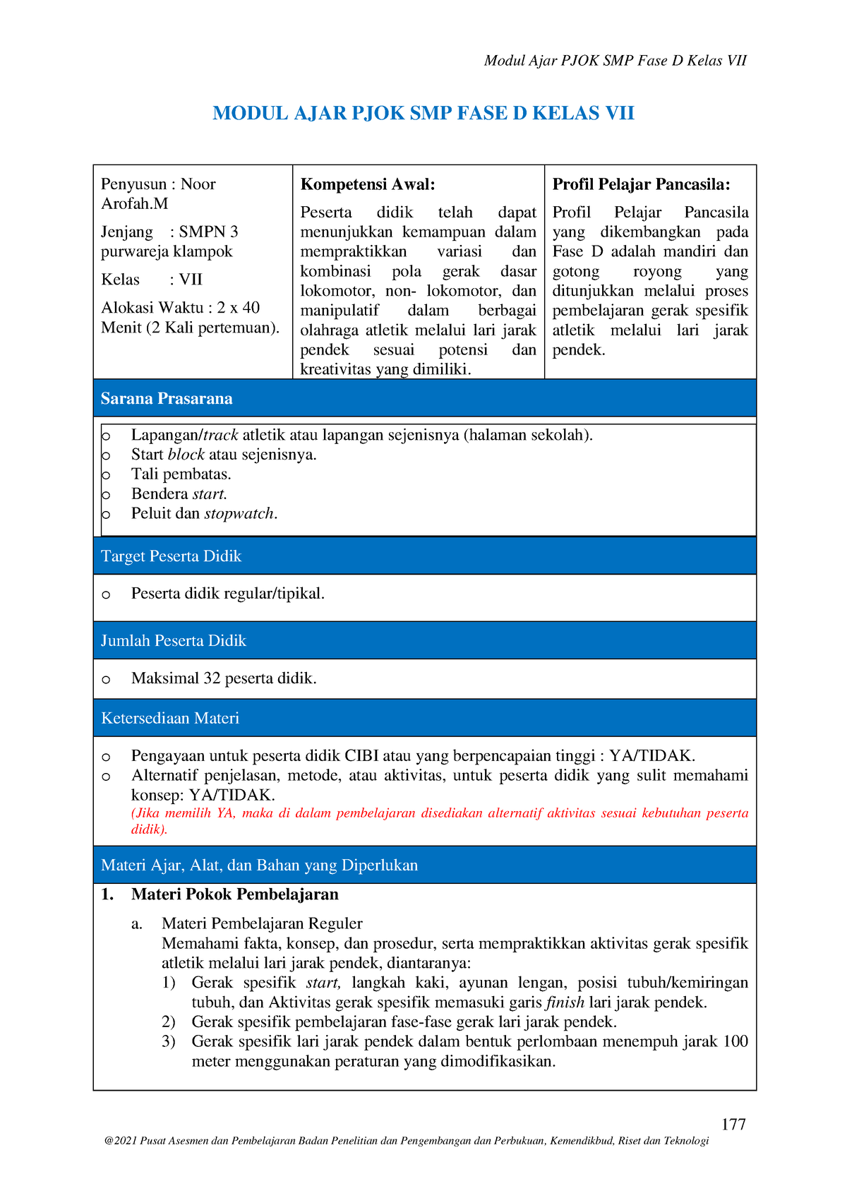 Modul AJAR PJOK SMP FASE D Kelas VII - 177 MODUL AJAR PJOK SMP FASE D ...