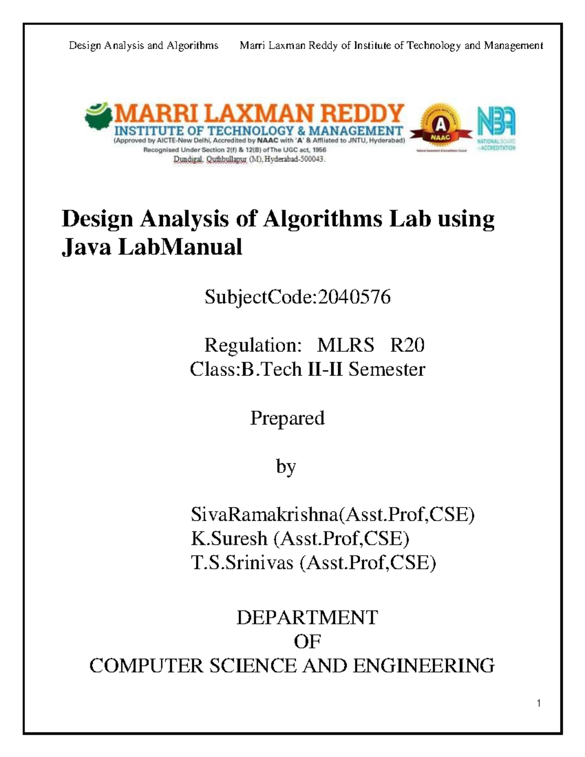 1 Design And Analysis Of Algorithms Daa Lab Using Java Design Analysis Of Algorithms Lab Using