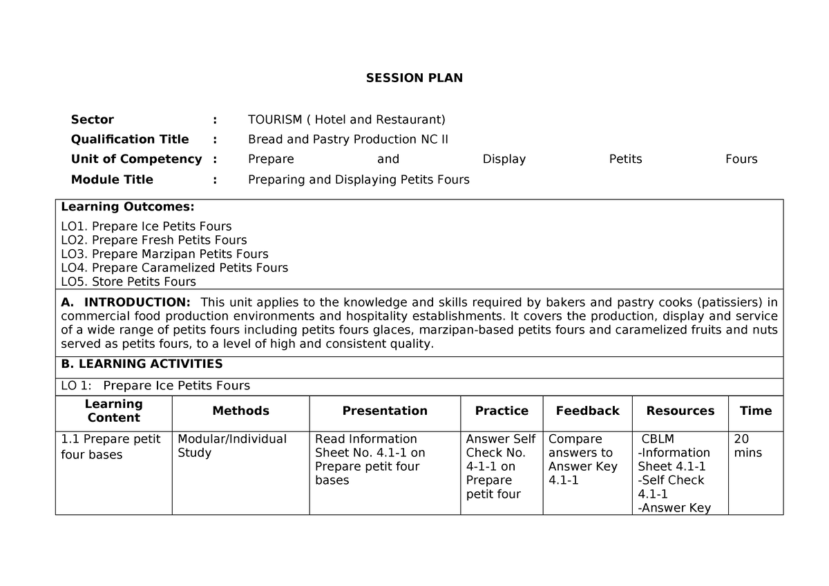 CORE 4. Prepare AND Display Petits Fours - SESSION PLAN Sector ...