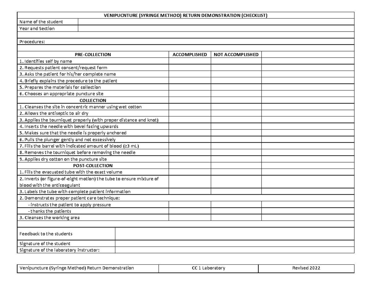 Venipuncture return demonstration 1 - Venipuncture (Syringe Method ...