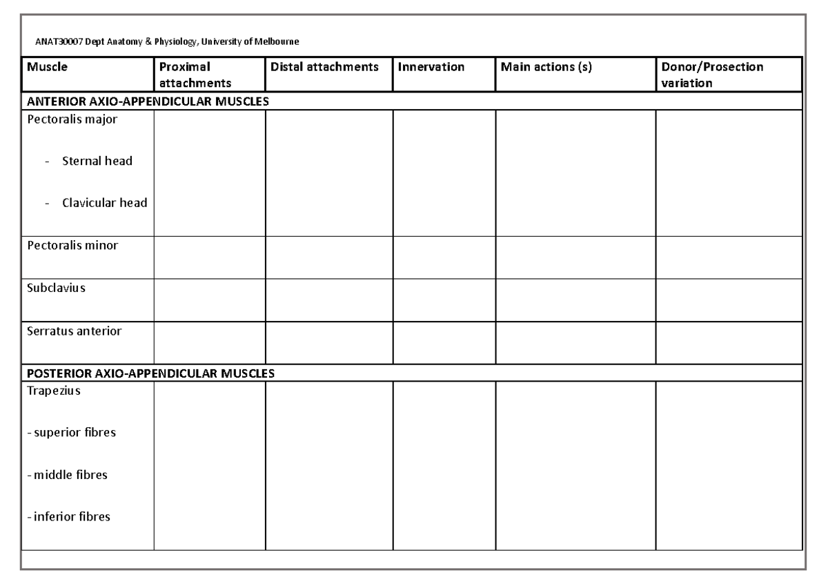 ANAT30007 upper limb attachment table - Muscle Proximalattachments ...