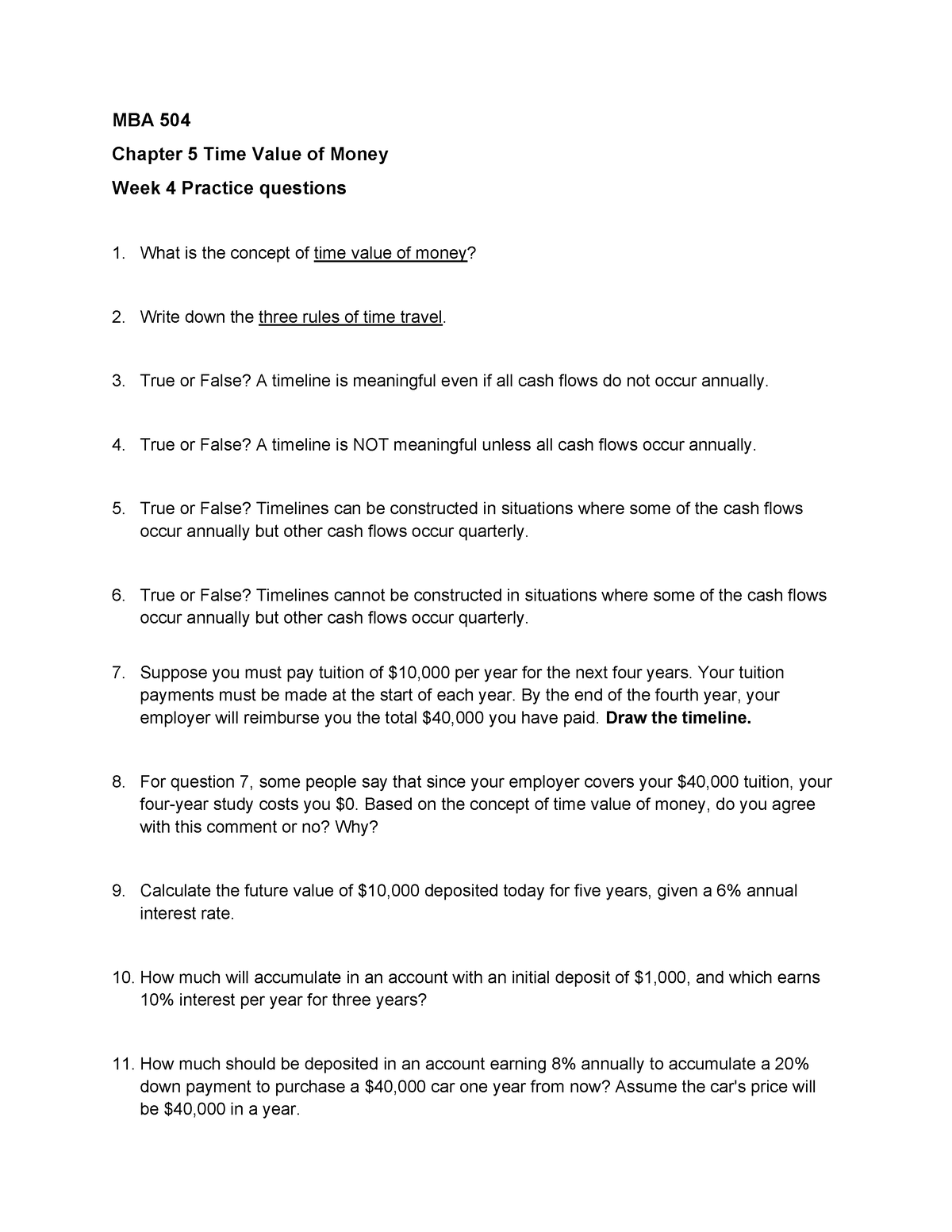 MBA 504 Week 4 Practice Ch5 - MBA 504 Chapter 5 Time Value Of Money ...