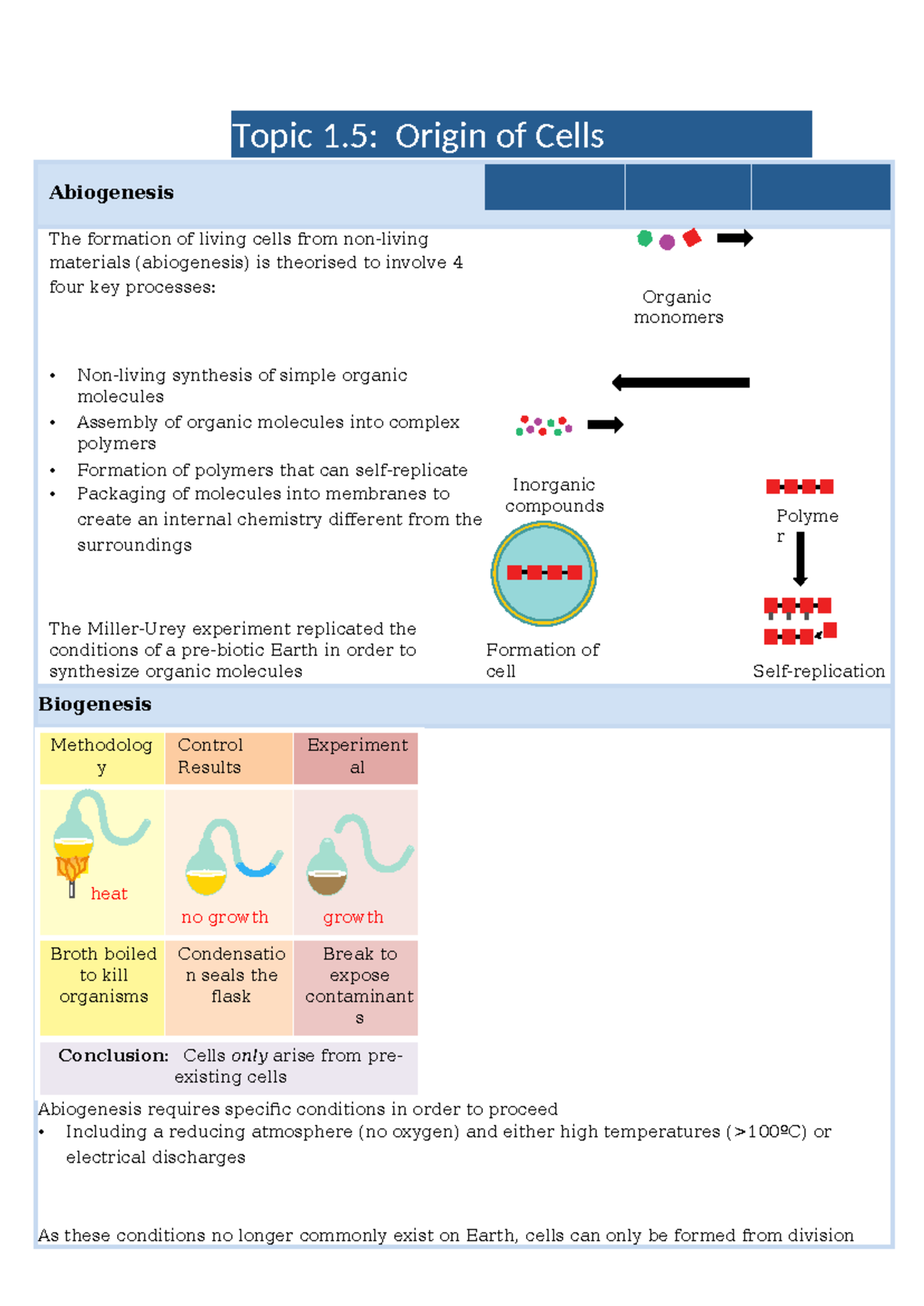 Bioninja Summary Guides - Topic 1: Origin Of Cells Abiogenesis The ...