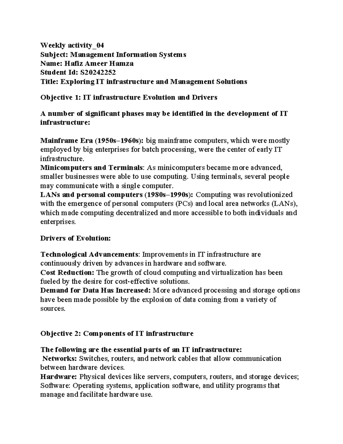 Week 4 - information technology - Weekly activity_ Subject: Management ...