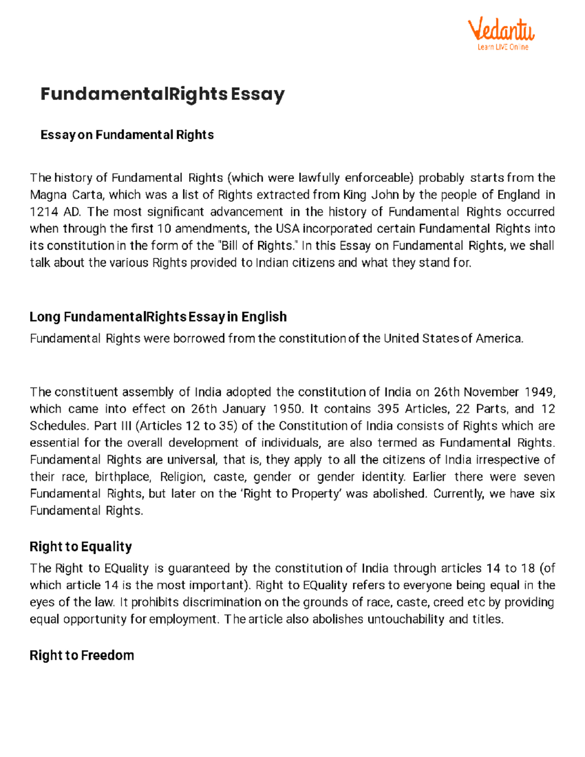 Fundamental Rights Essay - Vedantu Learn LIVE Online FundamentalRights ...
