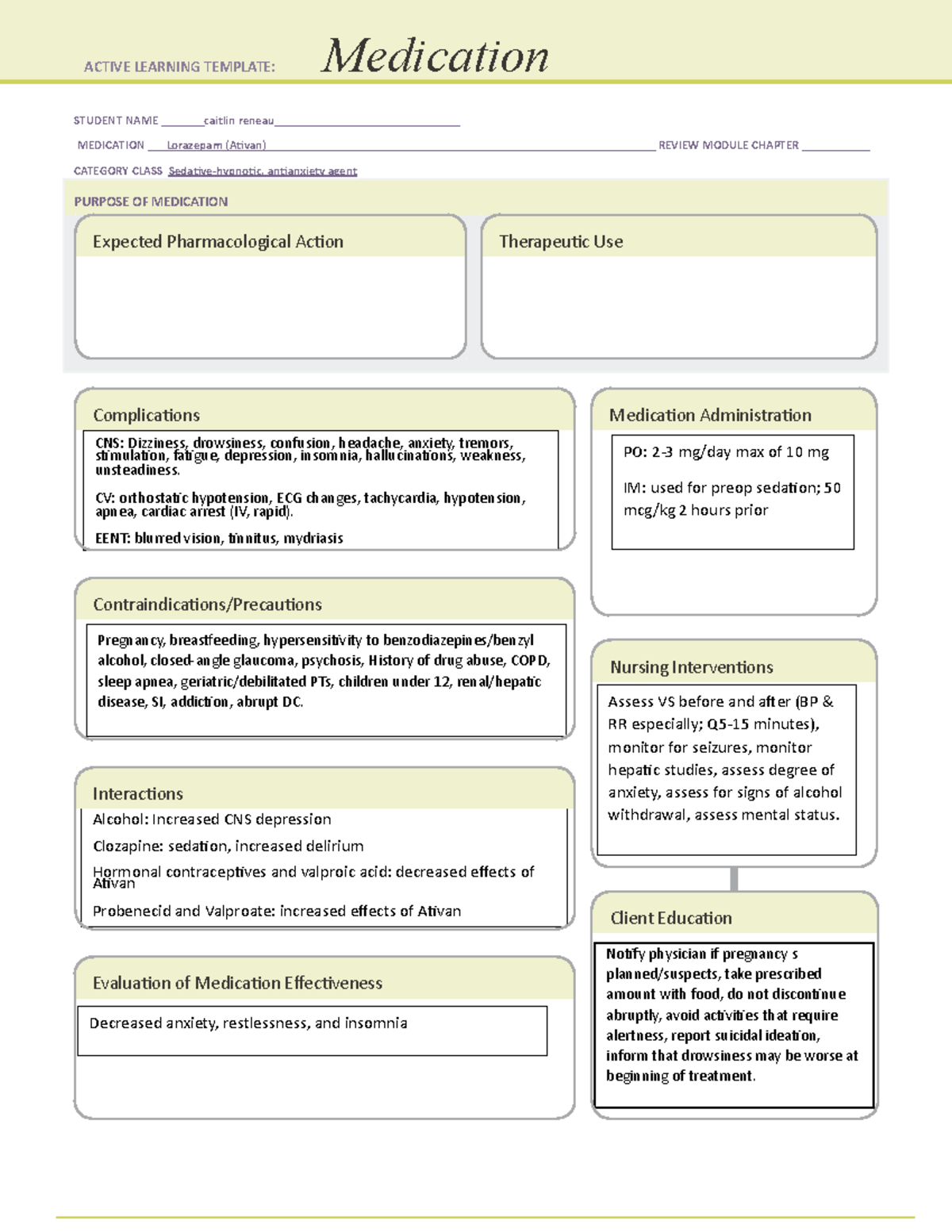 Ativan medication sheet - STUDENT NAME caitlin reneau ...