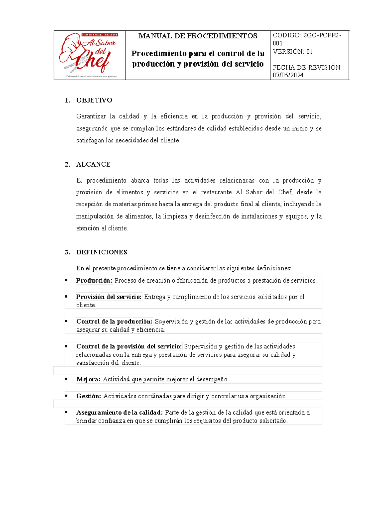 Procedimiento Para El Control De La Producción Y Provisión Del Servicio Al Sabor Del Chef 8346