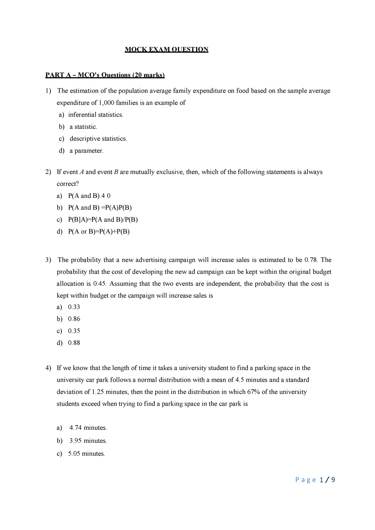 Mock Exam Questions - MOCK EXAM QUESTION PART A - MCQ's Questions (20 ...