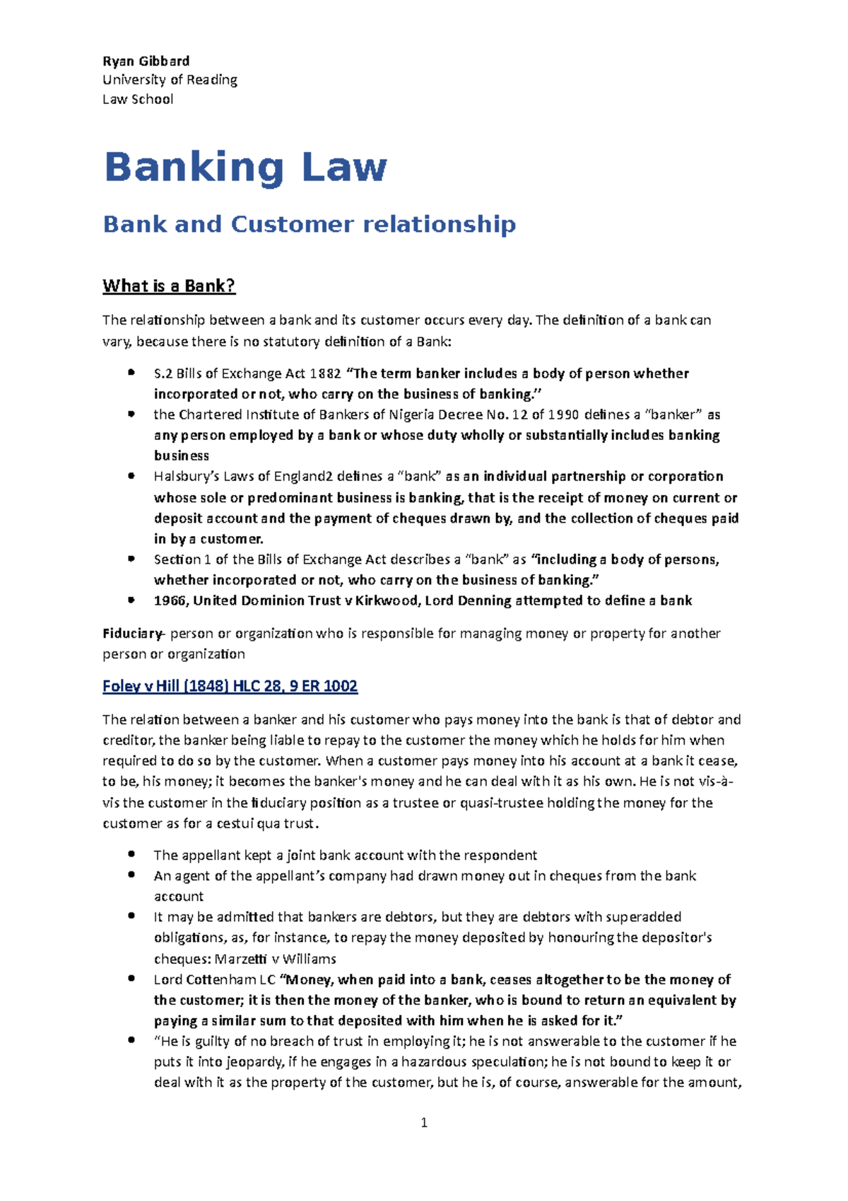 Banking Law- Banker Customer relationship - University of Reading Law ...