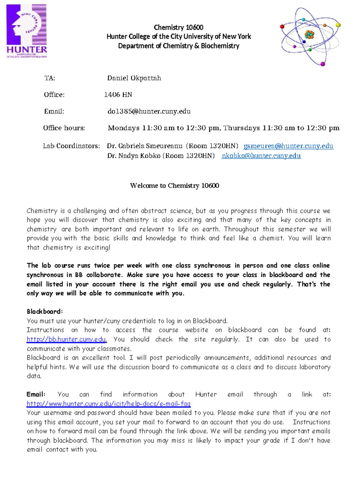 Syllabus Chem 106 - Chemistry 10600 Hunter College of the City ...