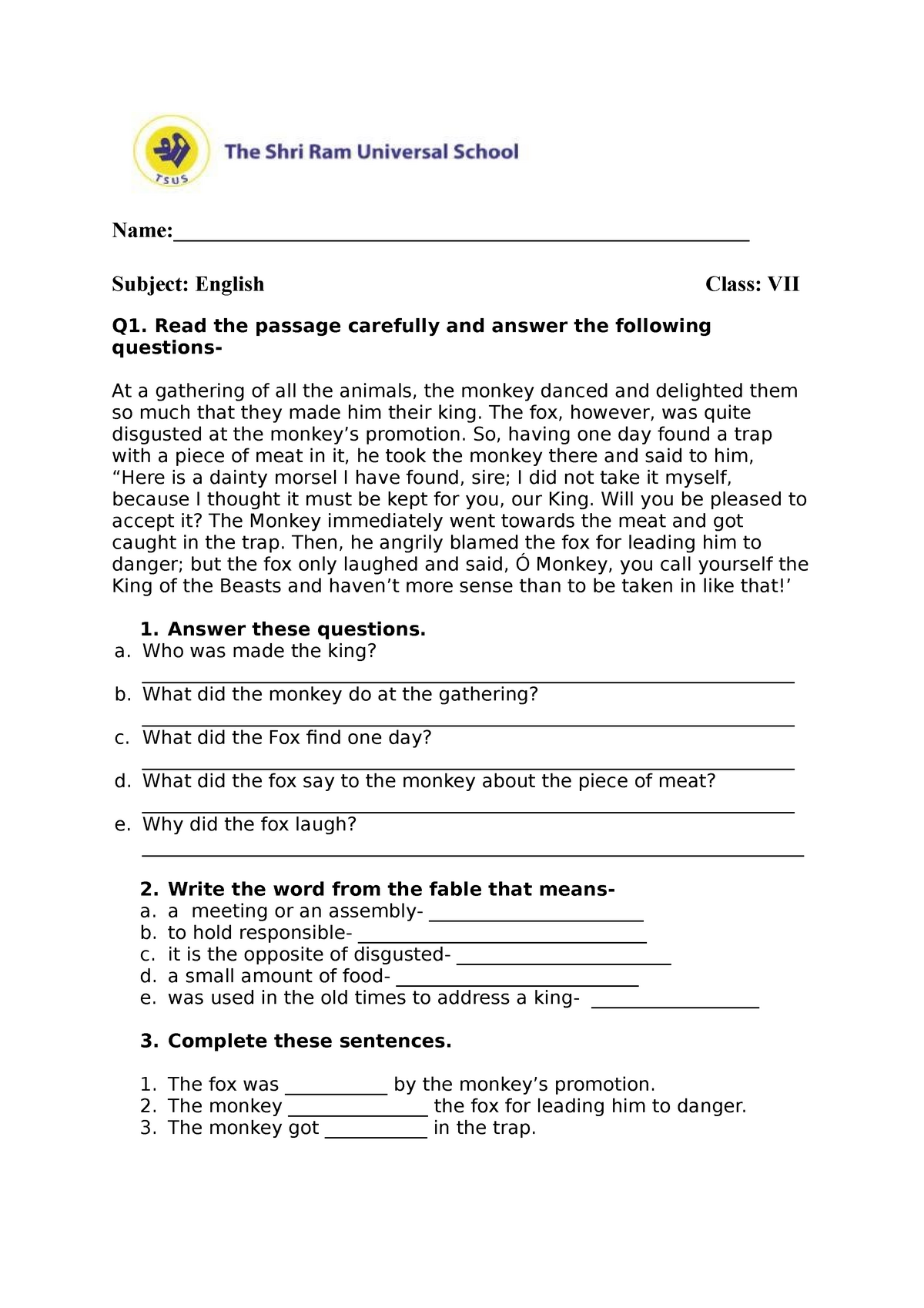 Grade 7 English Worksheet Name 