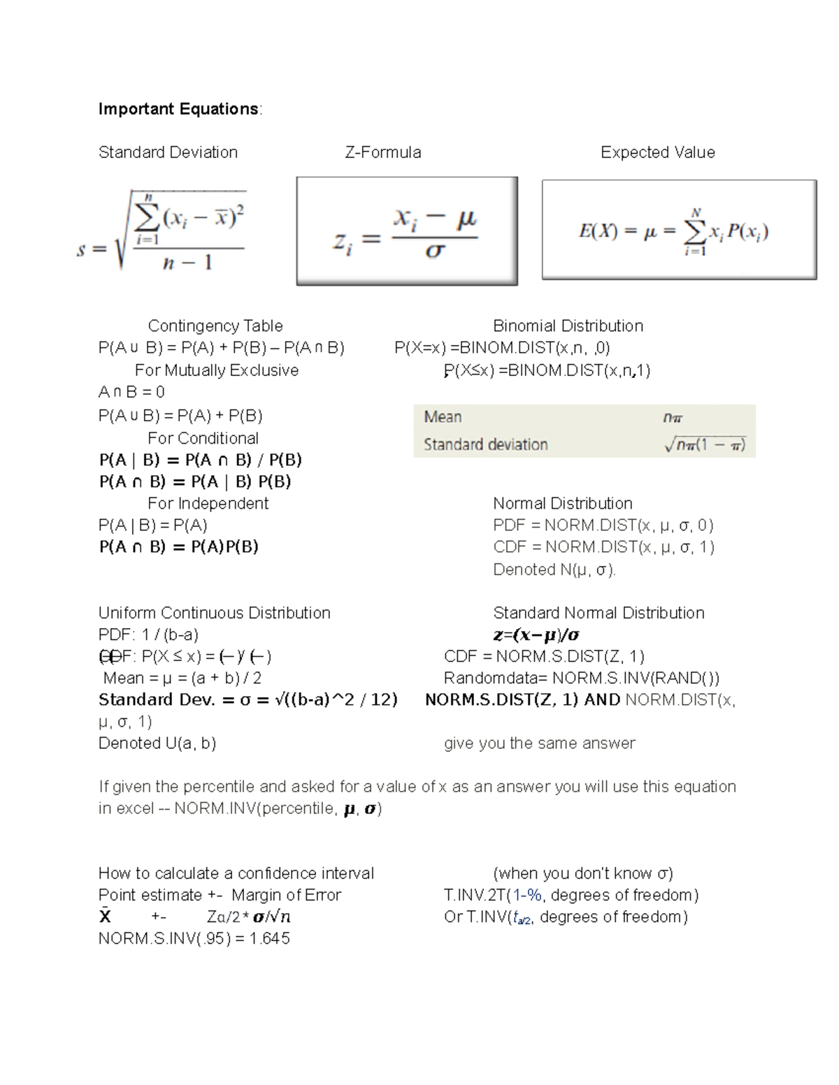 BUAD 310 Midterm Study Guide - Important Equations: Standard Deviation ...