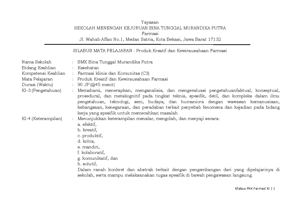 Silabus - PKK - Yayasan SEKOLAH MENENGAH KEJURUAN BINA TUNGGAL ...