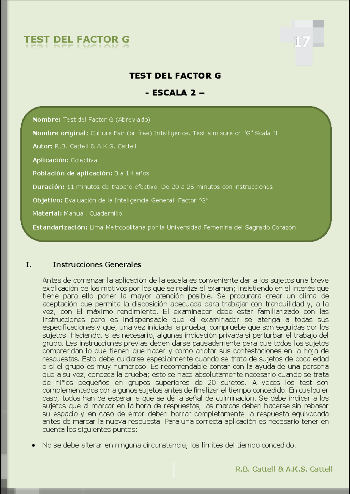 Manual Cattel - TEST DEL FACTOR G ESCALA 2 – I. Instrucciones Generales ...