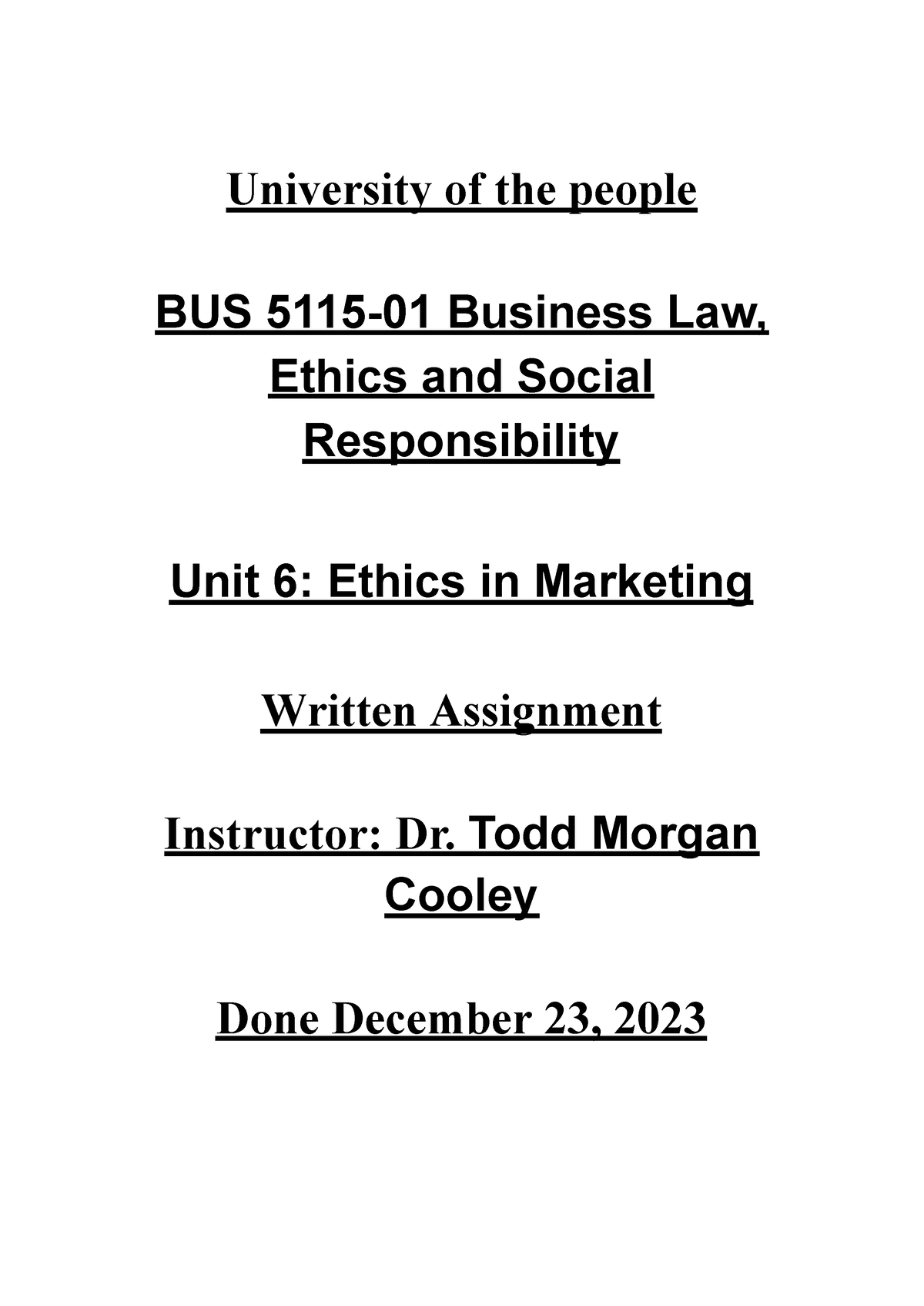 Written Assignment Unit 6 - University Of The People BUS 5115-01 ...