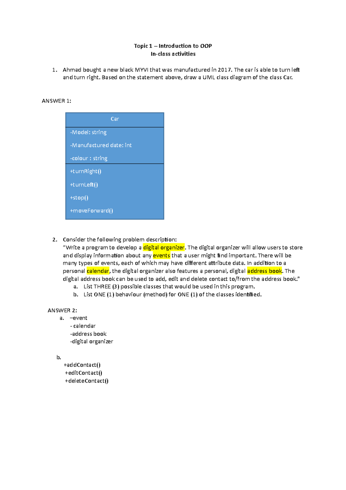 Exercise 1 intro to oop - Topic 1 – Introduction to OOP In-class ...