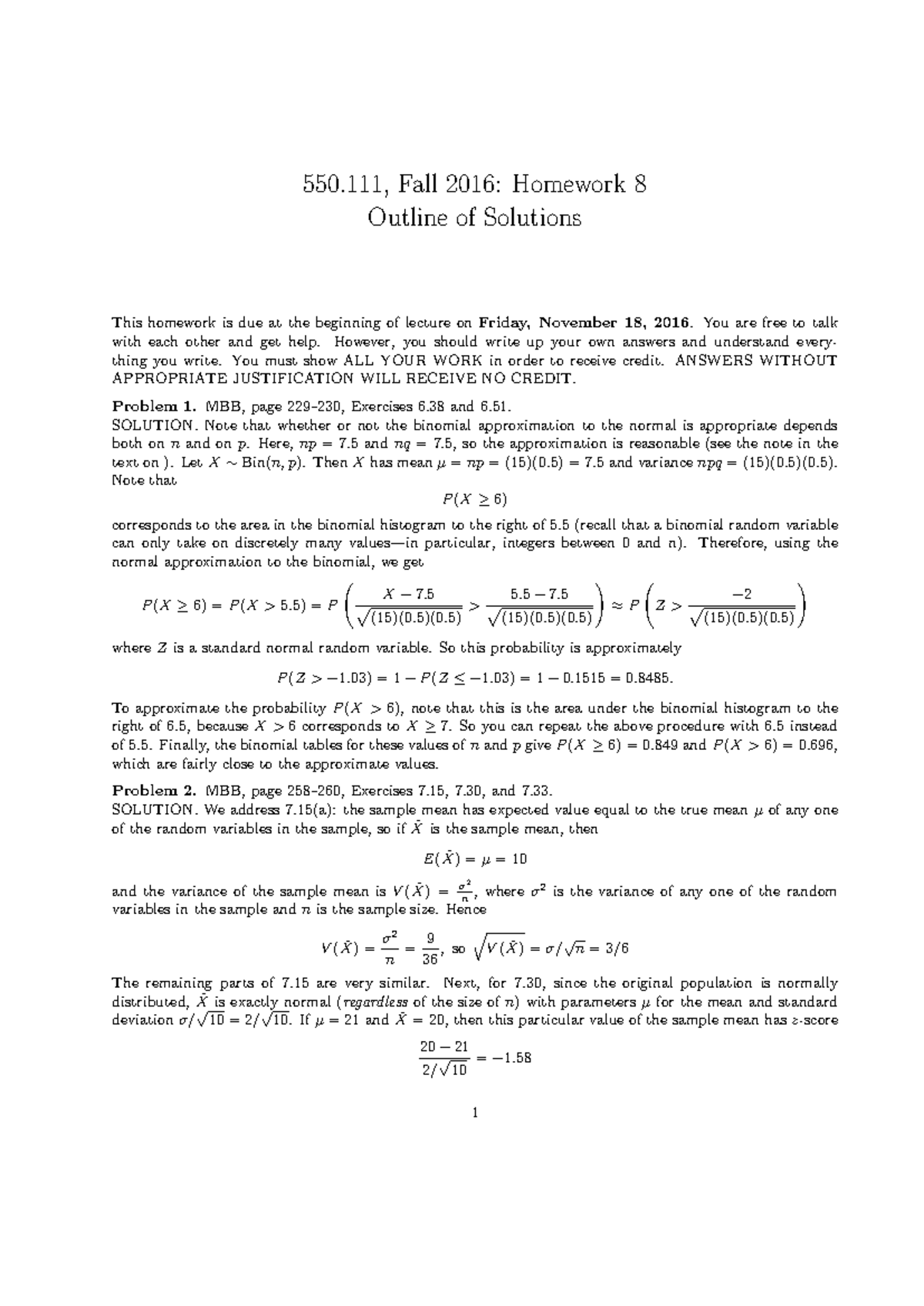 Stat111 Fall2016 homework 8 solutions - 550, Fall 2016: Homework 8 ...