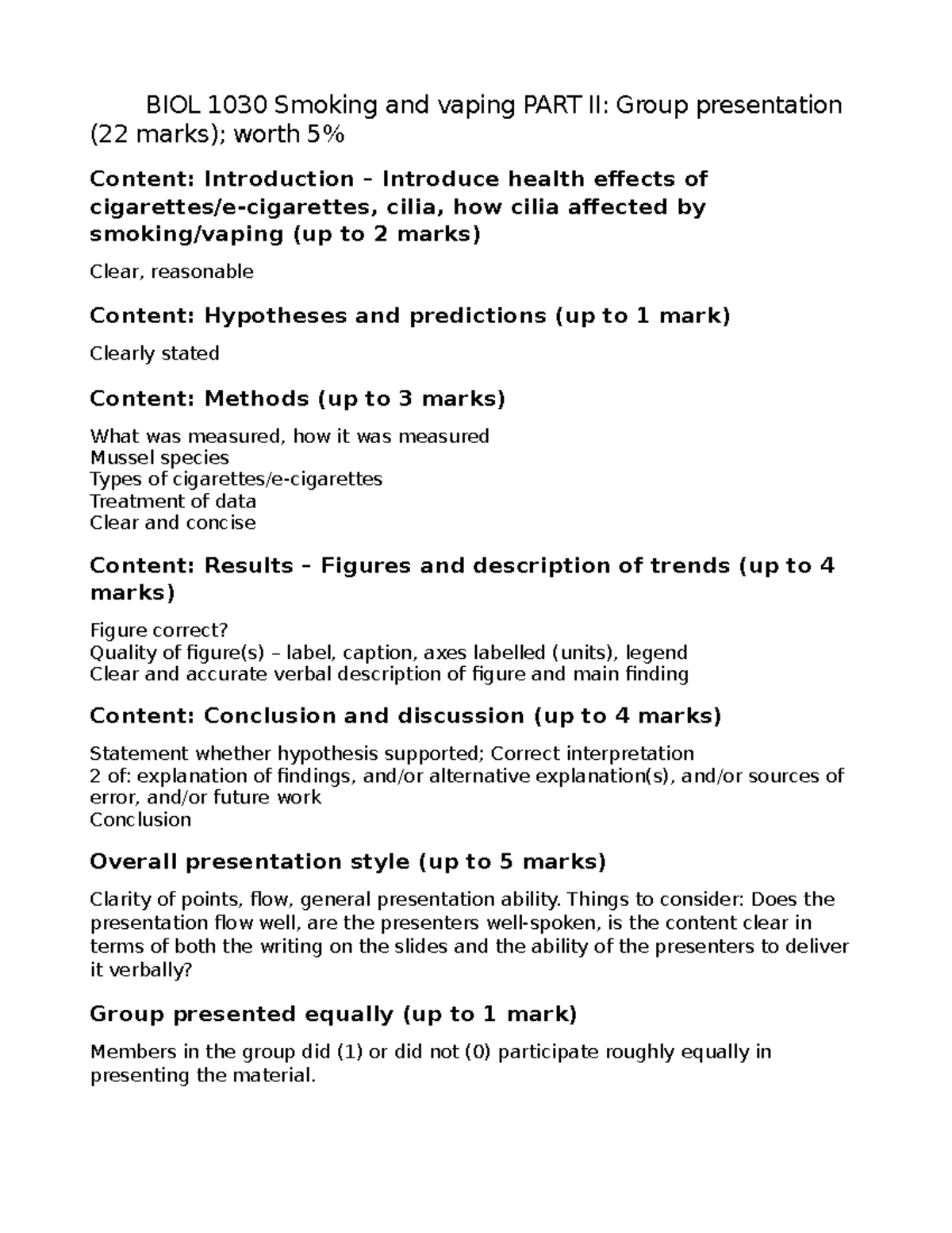 Smoking and vaping presentation grade breakdown 2023 BIOL 1030