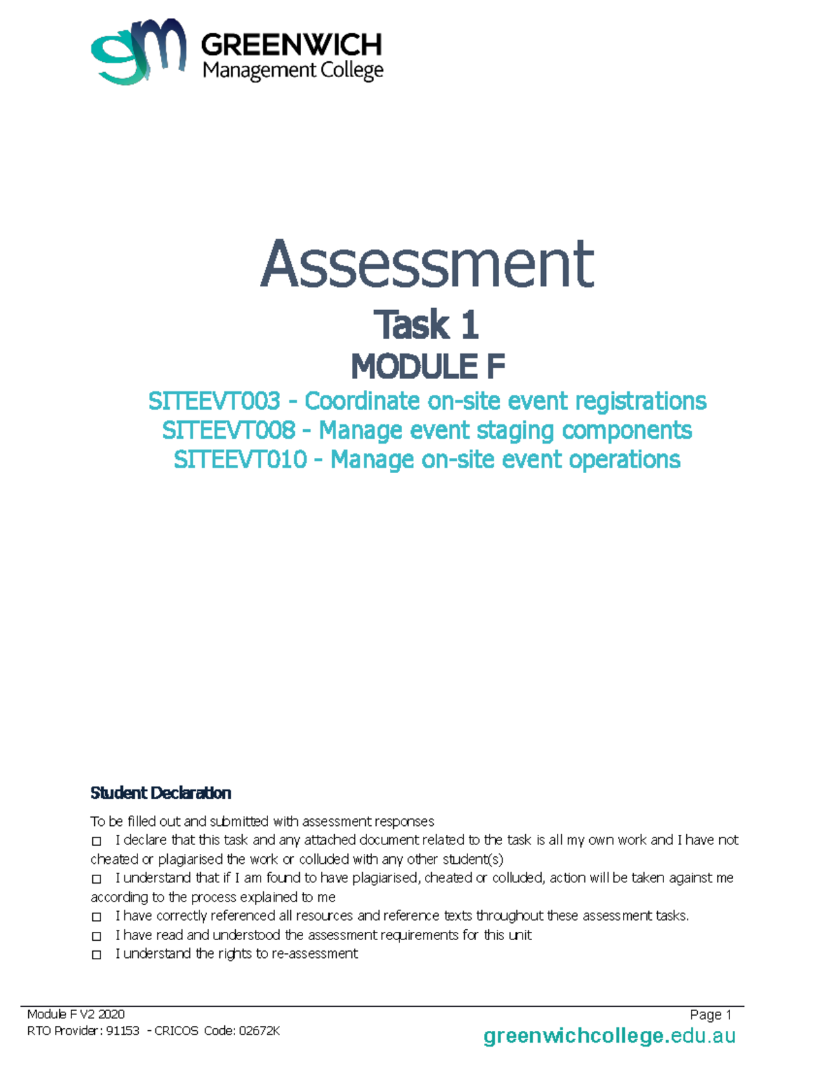 Assessment Task 1 Module F - Assessment Task 1 MODULE F SITEEVT 003 ...