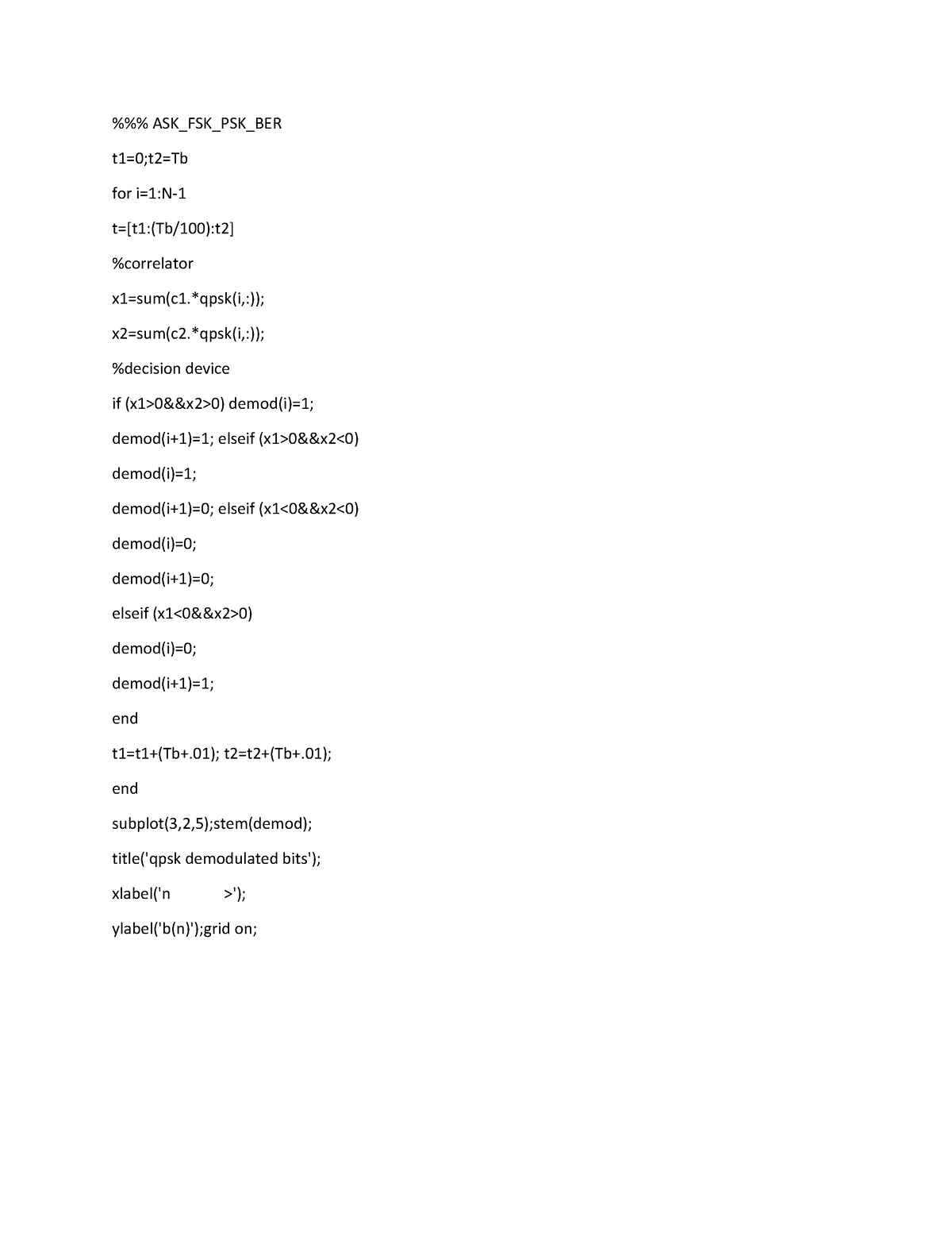 Part B experiments - %%% ASK_FSK_PSK_BER t1=0;t2=Tb for i=1:N- t=[t1 ...