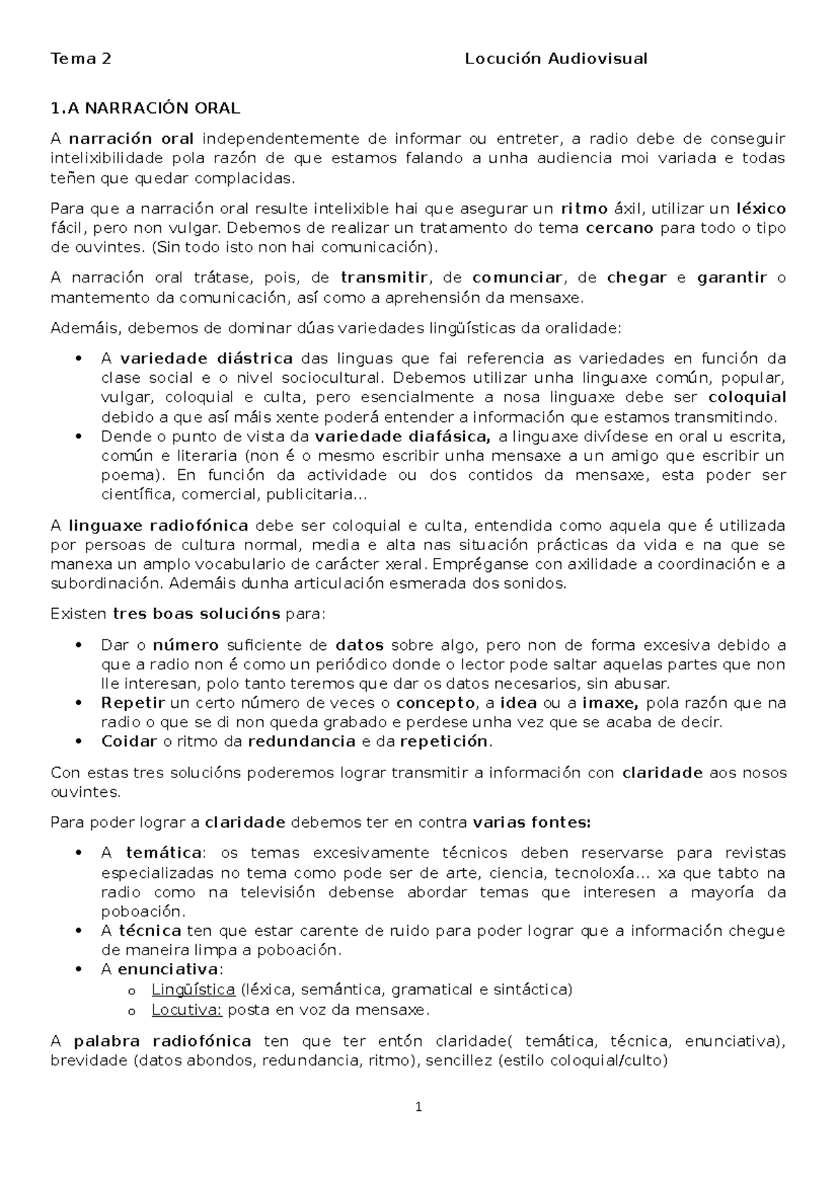 Locución au Tema 2 - APUNTES - 1 NARRACIÓN ORAL A narración oral ...