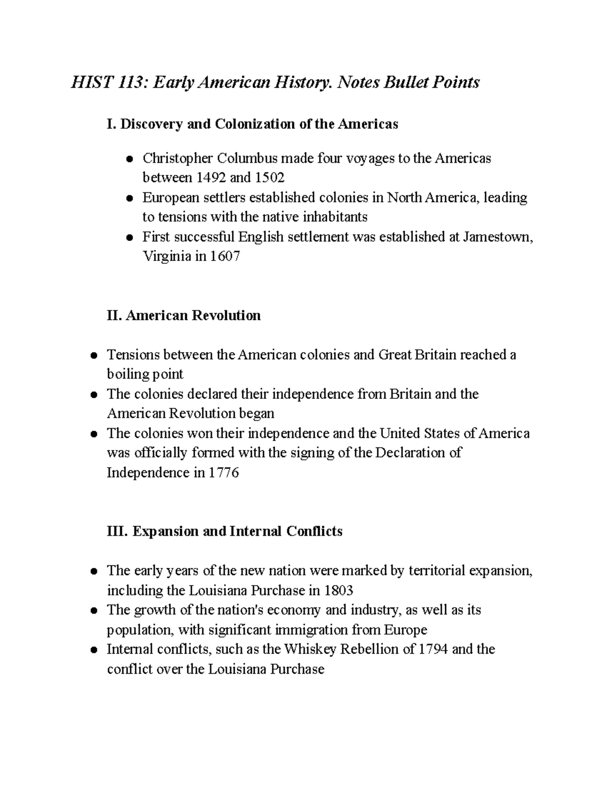 HIST 113 Early American History notes bullet points HIST 113 Early