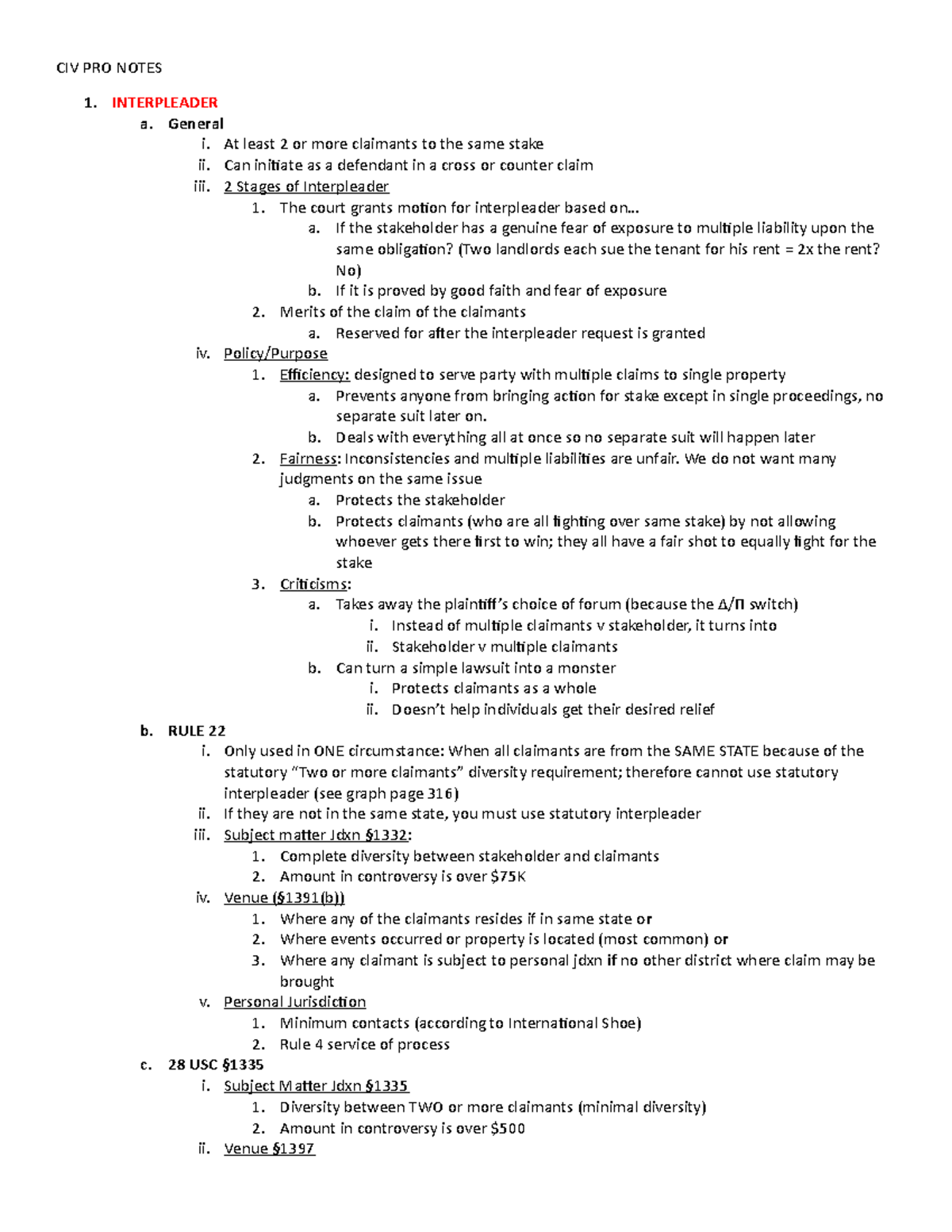 Civ Pro Ii Outline - Civ Pro Notes 1. Interpleader A. General I. At 