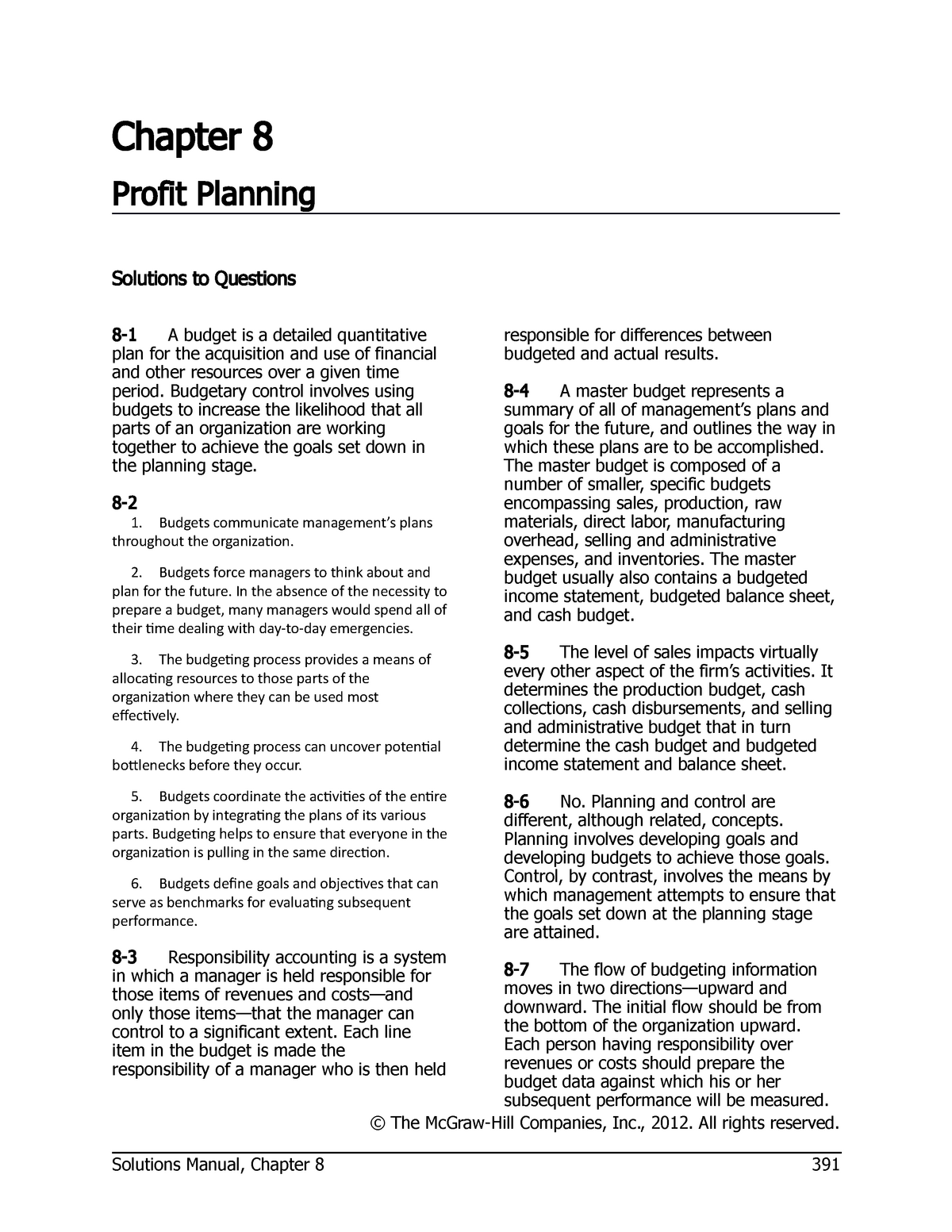 MANAGERIAL ACCOUNTING CHAPTER 8 BUDGETING - Chapter 8 Profit Planning ...