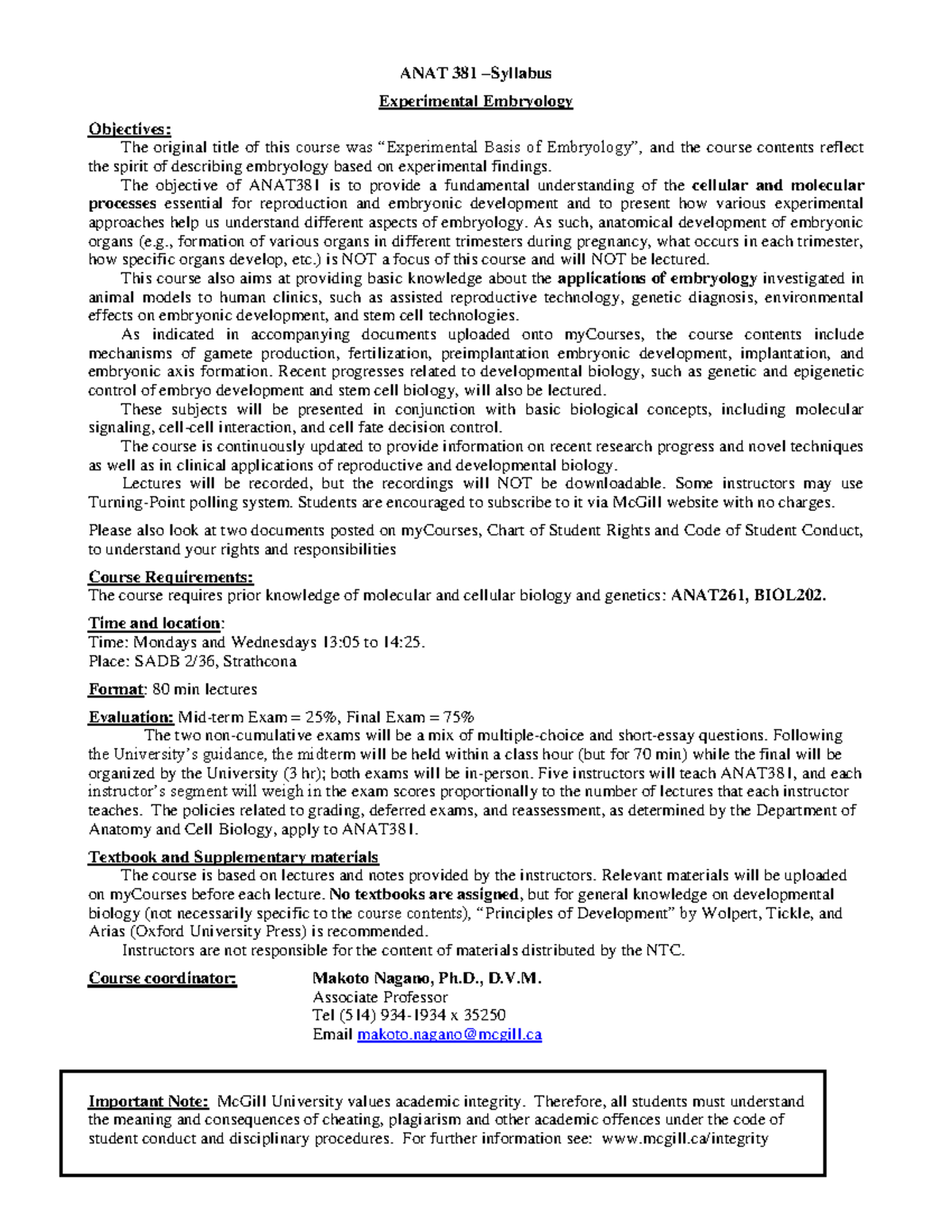 Anat 381 Syllabus - F2021 - Anat 381 –syllabus Experimental Embryology 