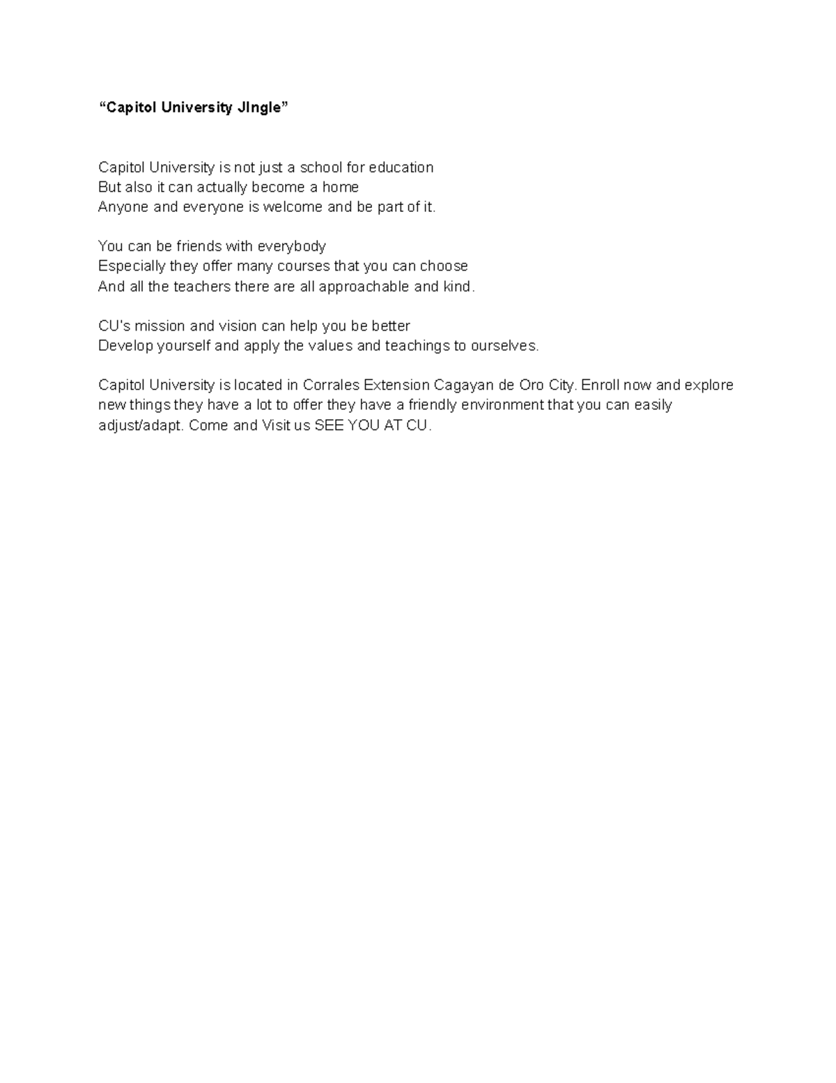 Madel Labiano Jingle Creation “Capitol University JIngle” Capitol