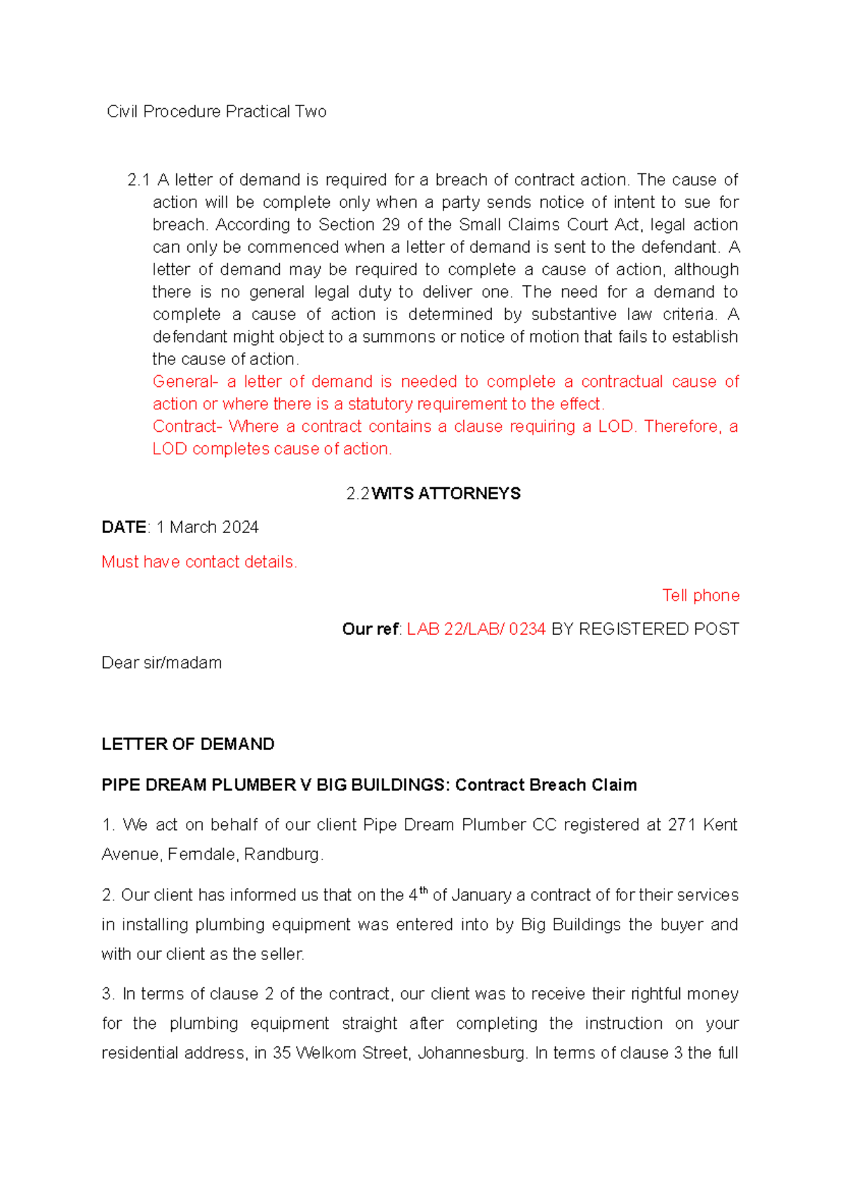 Civil Procedure Practical 2 KM Nduma 2490301 - Civil Procedure ...
