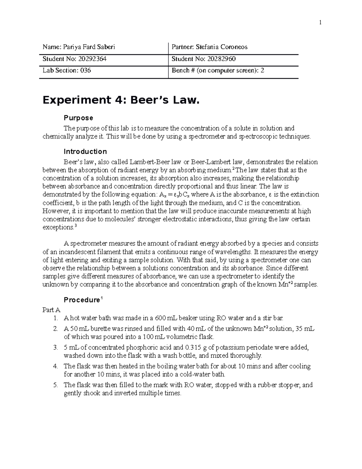 Beer's Law Lab Report Name Pariya Fard Saberi Partner Stefania