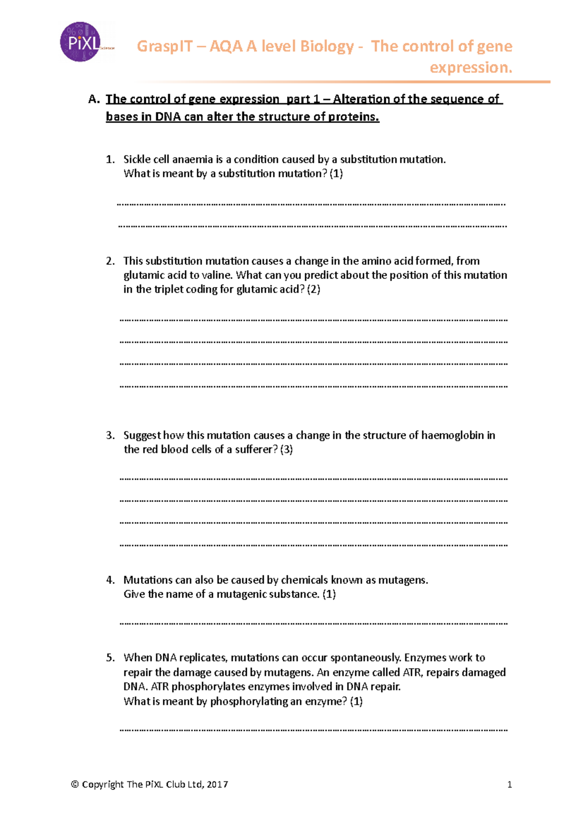 AQA Biology The control of gene expression Grasp IT A level write on ...