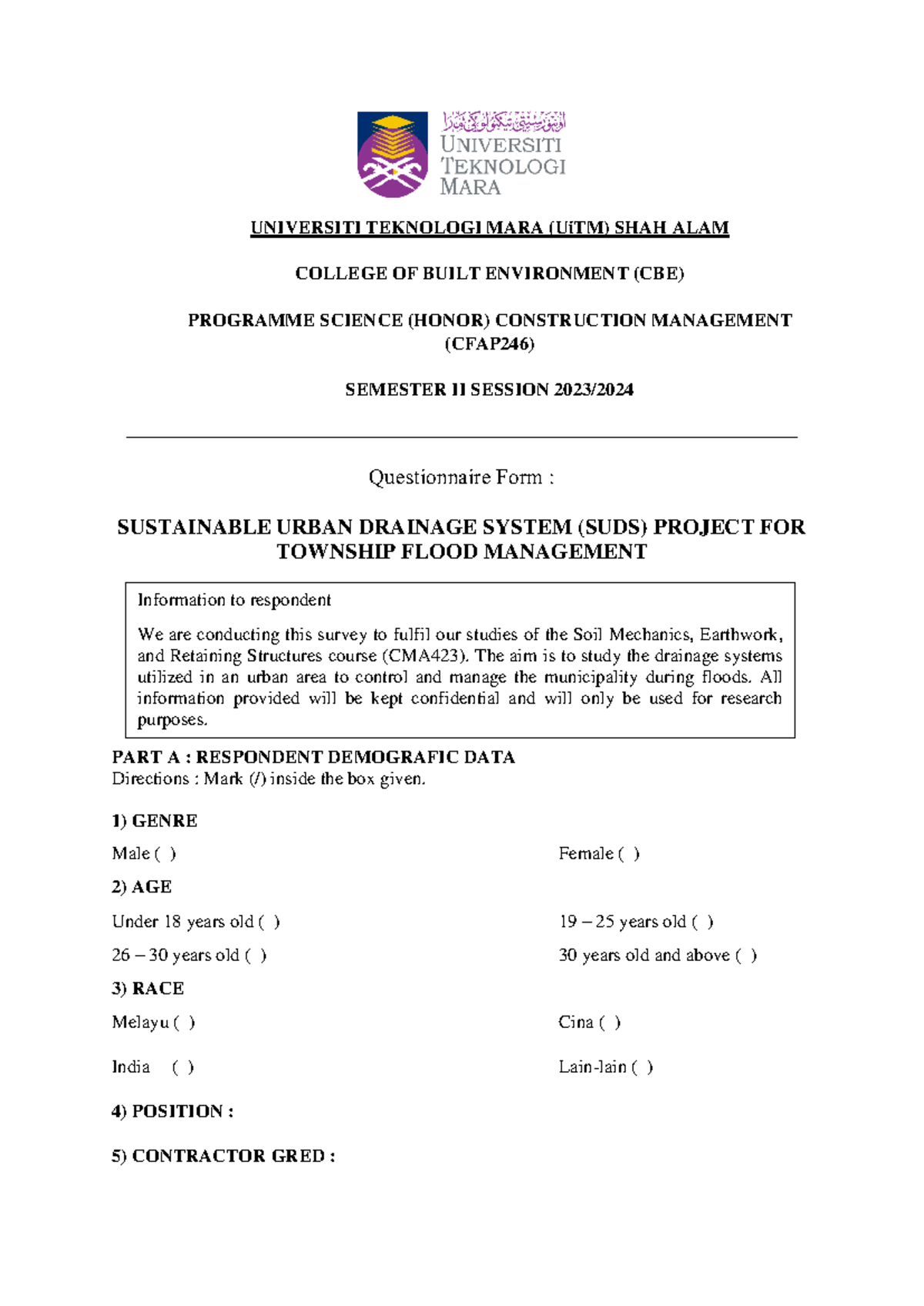 Borang soal selidik Drainage - UNIVERSITI TEKNOLOGI MARA (UiTM) SHAH ...