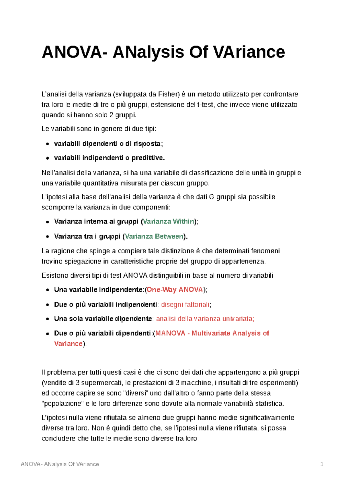 Anova- ANalysis Of VAriance - ANOVA- ANalysis Of VAriance 1 ANOVA ...
