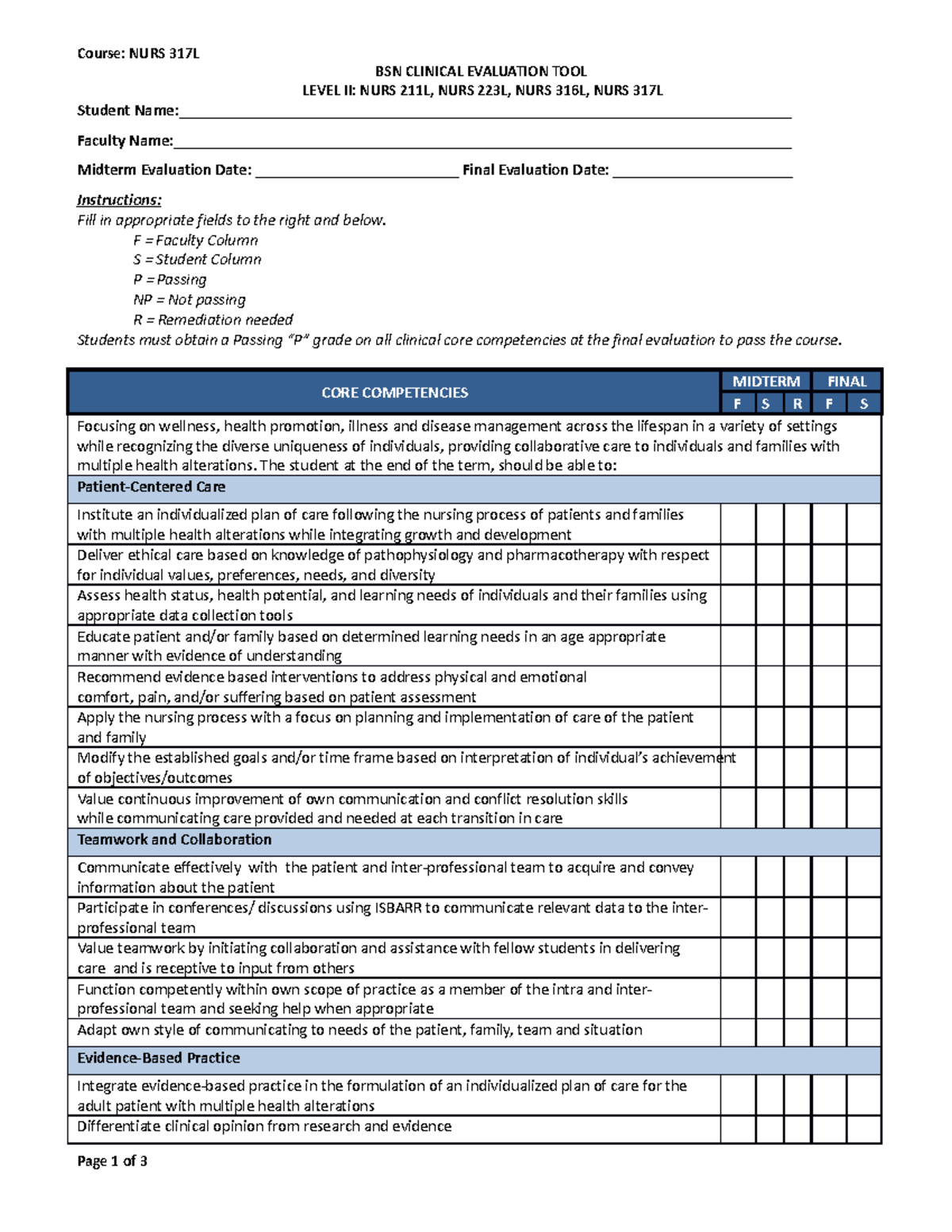 NURS 317L - BSN Clinical Evaluation Tool Level II - Course: NURS 317L ...