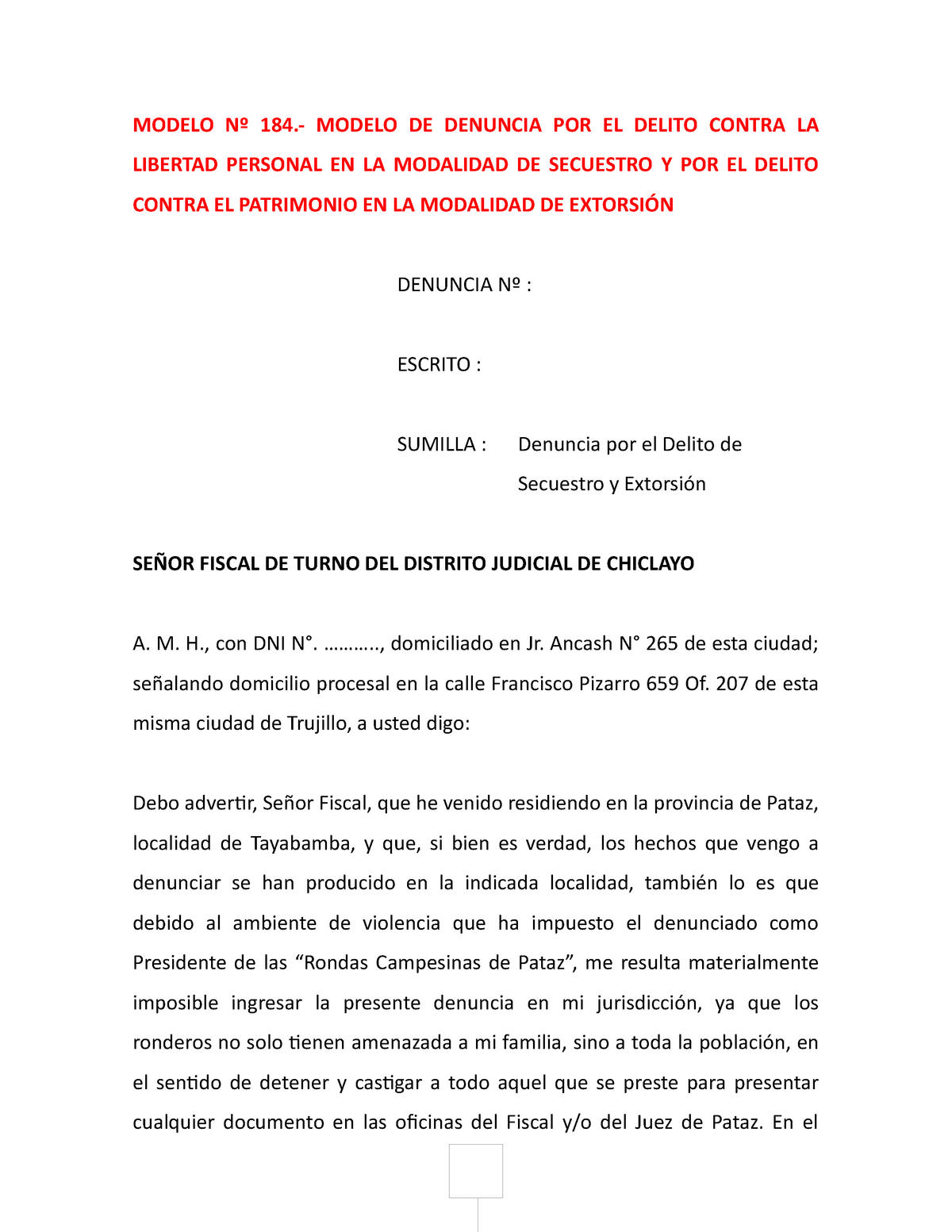 Modelo  Denuncia Delito Contra Libertad Personal - Secuestro - MODELO  Nº  MODELO DE - Studocu