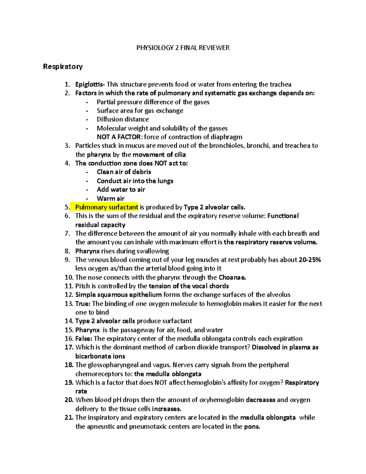 Physiology 2 Final Reviewer - PHYSIOLOGY 2 FINAL REVIEWER Respiratory ...