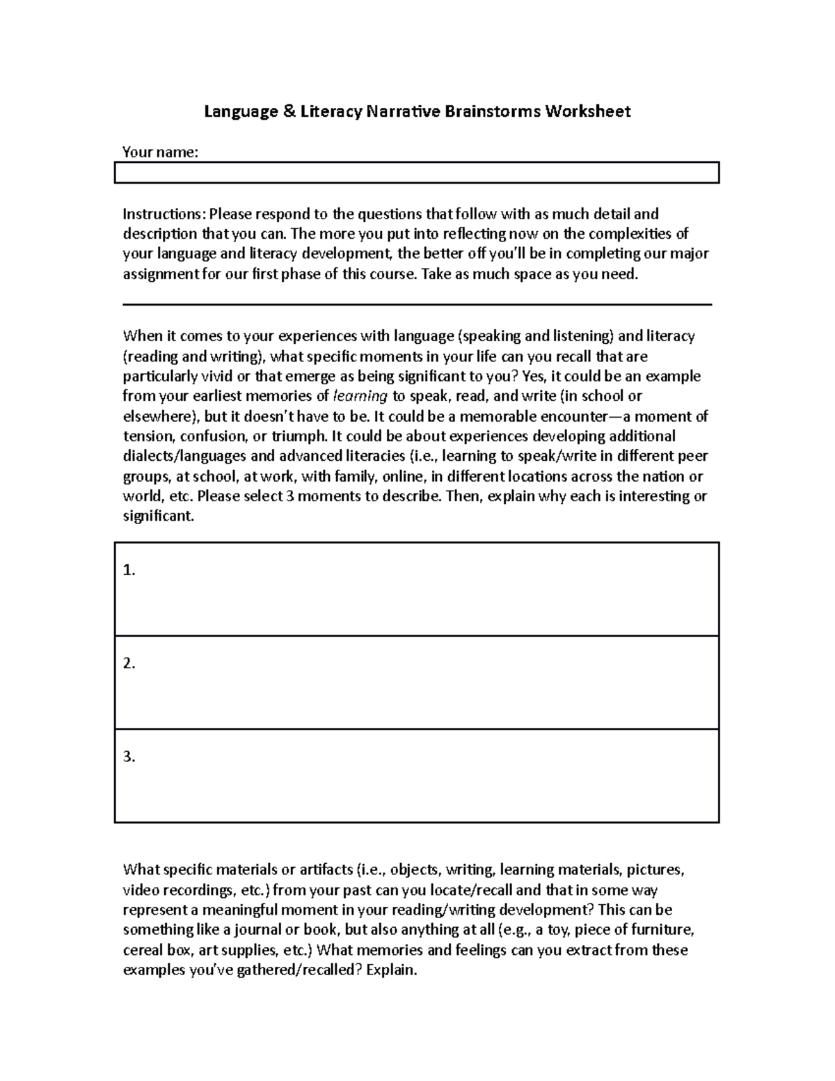 Language and Literacy Brainstorm Worksheet - Language & Literacy ...