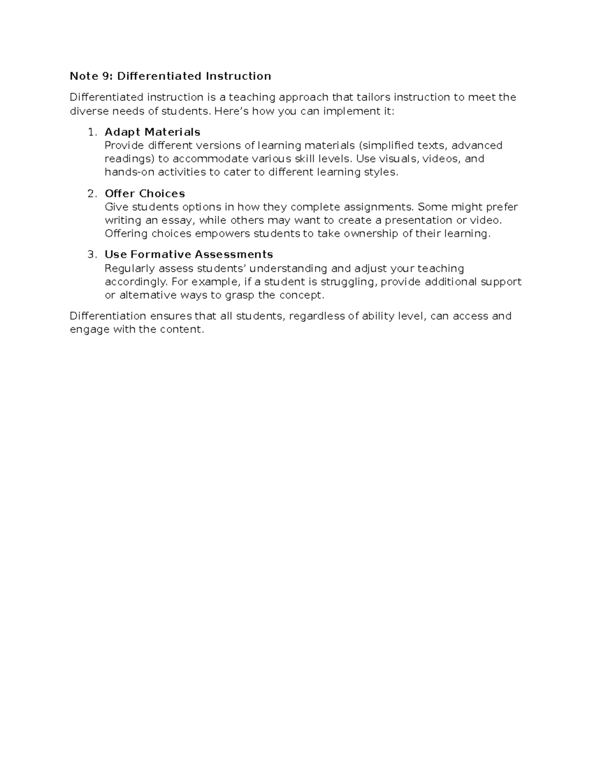Note 9 - Educational notes - Note 9: Differentiated Instruction ...