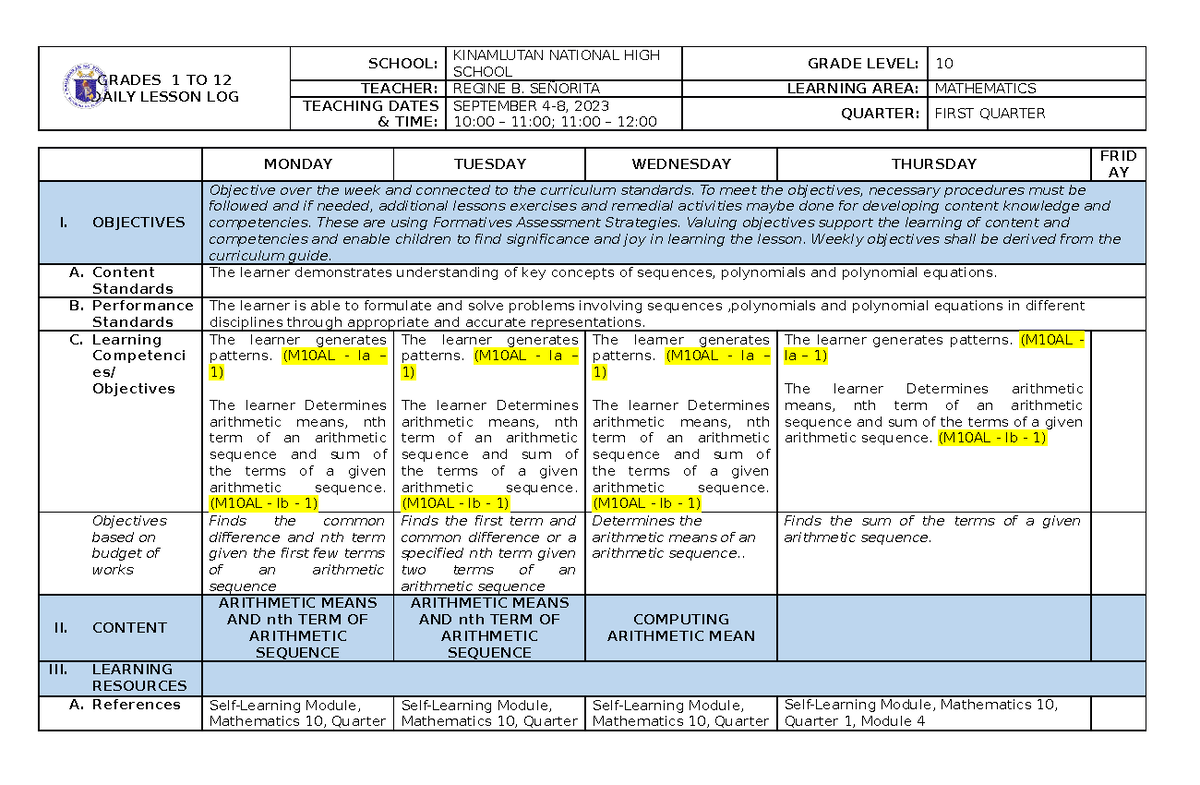 Daily Lesson Log in Math - GRADES 1 TO 12 DAILY LESSON LOG SCHOOL ...