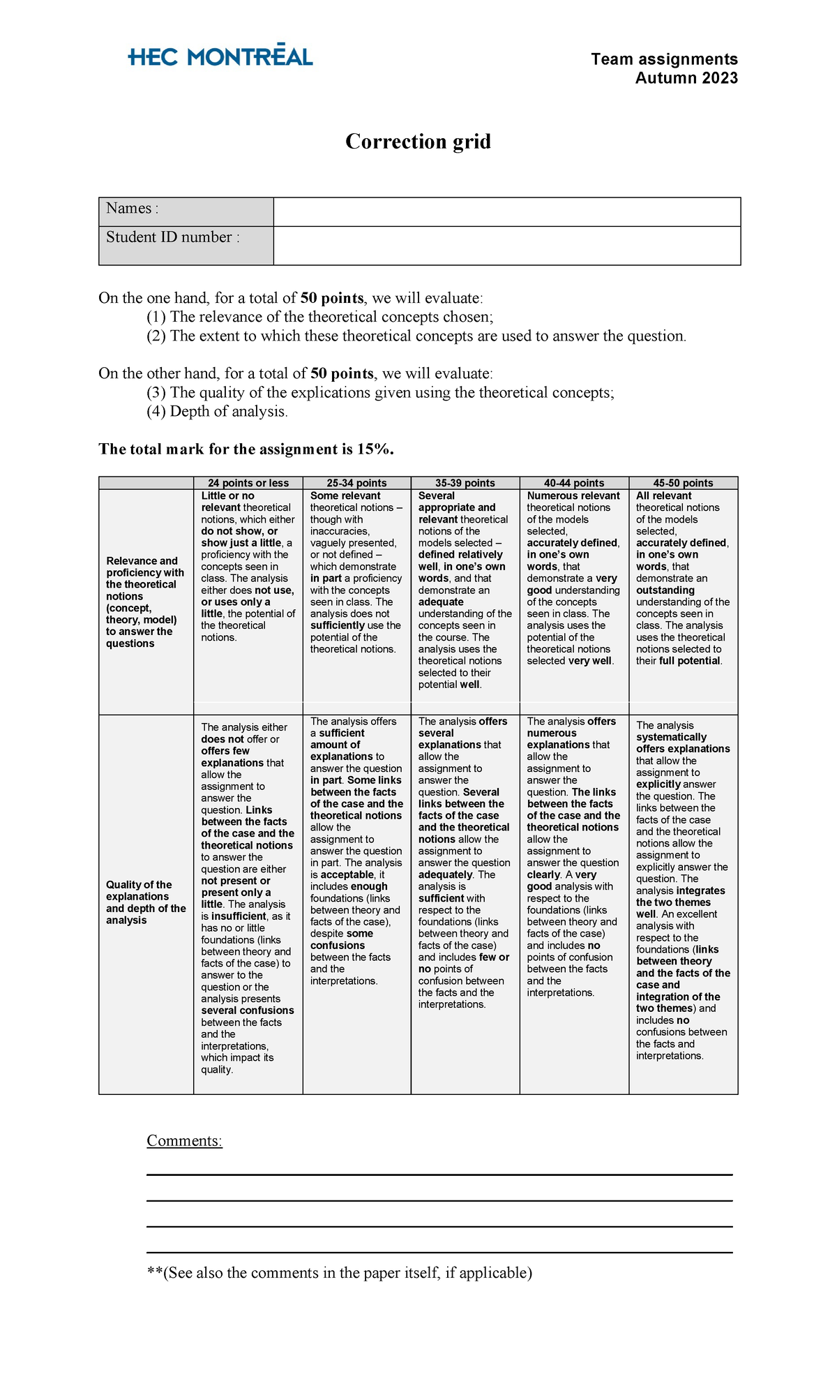 A202310401Correctiongrid Teamassignment Team assignments Autumn 2023 Correction grid On