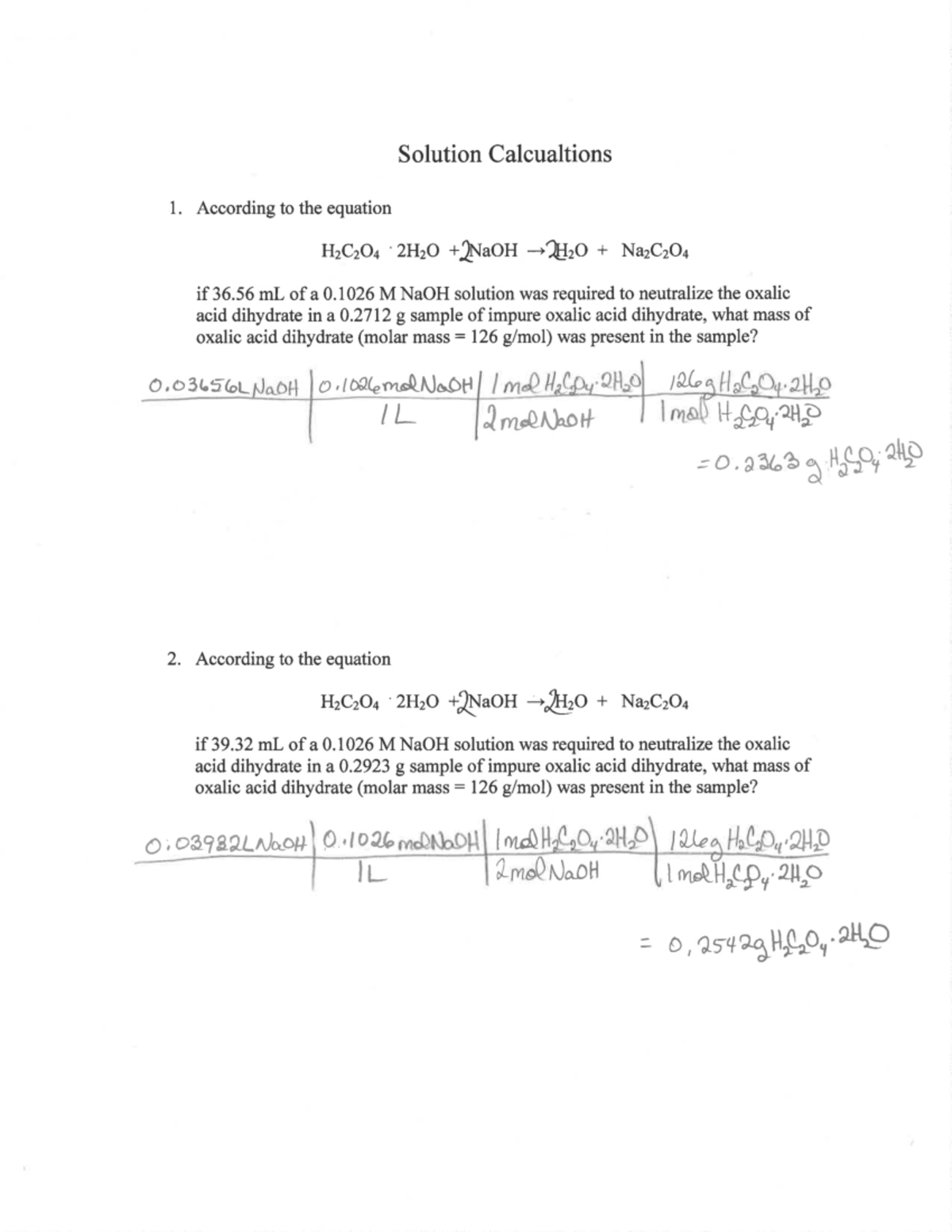 Solutions Calculations Key - Chem 1451 - Studocu