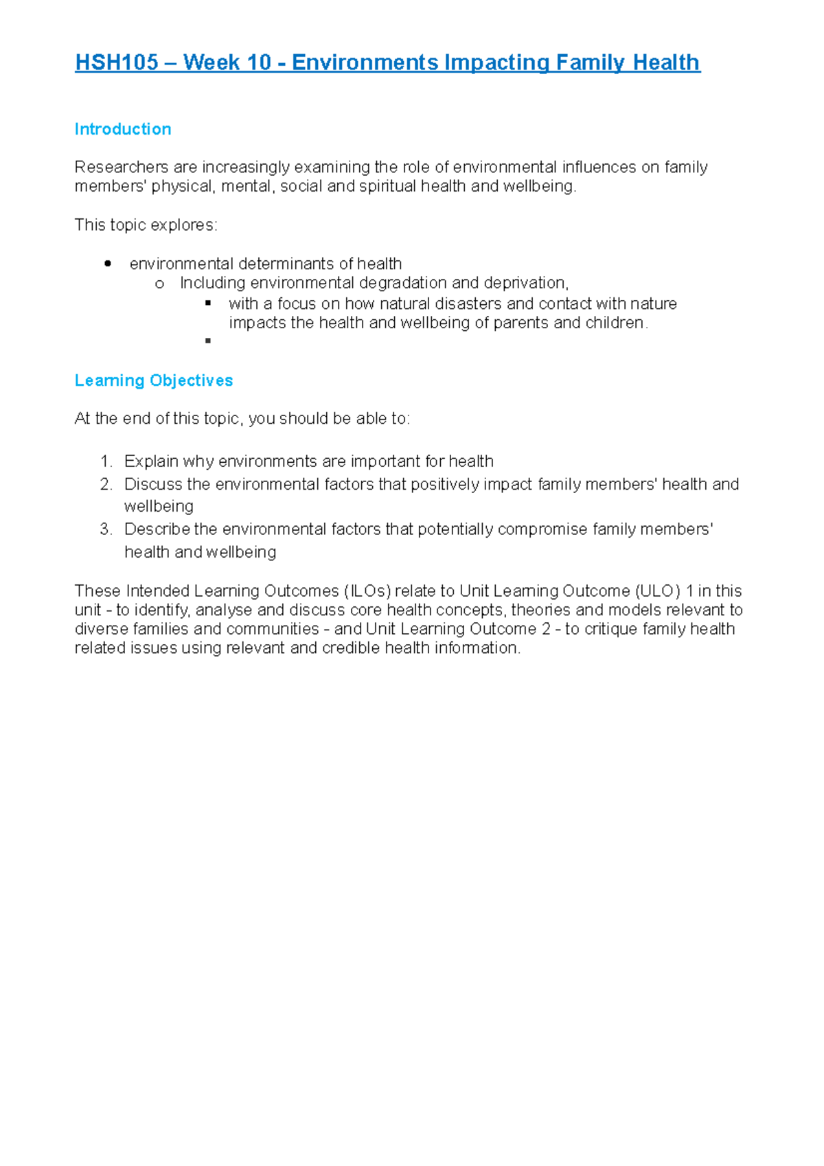 HSH105 – Week 10 - Environments Impacting Family Health - Introduction ...