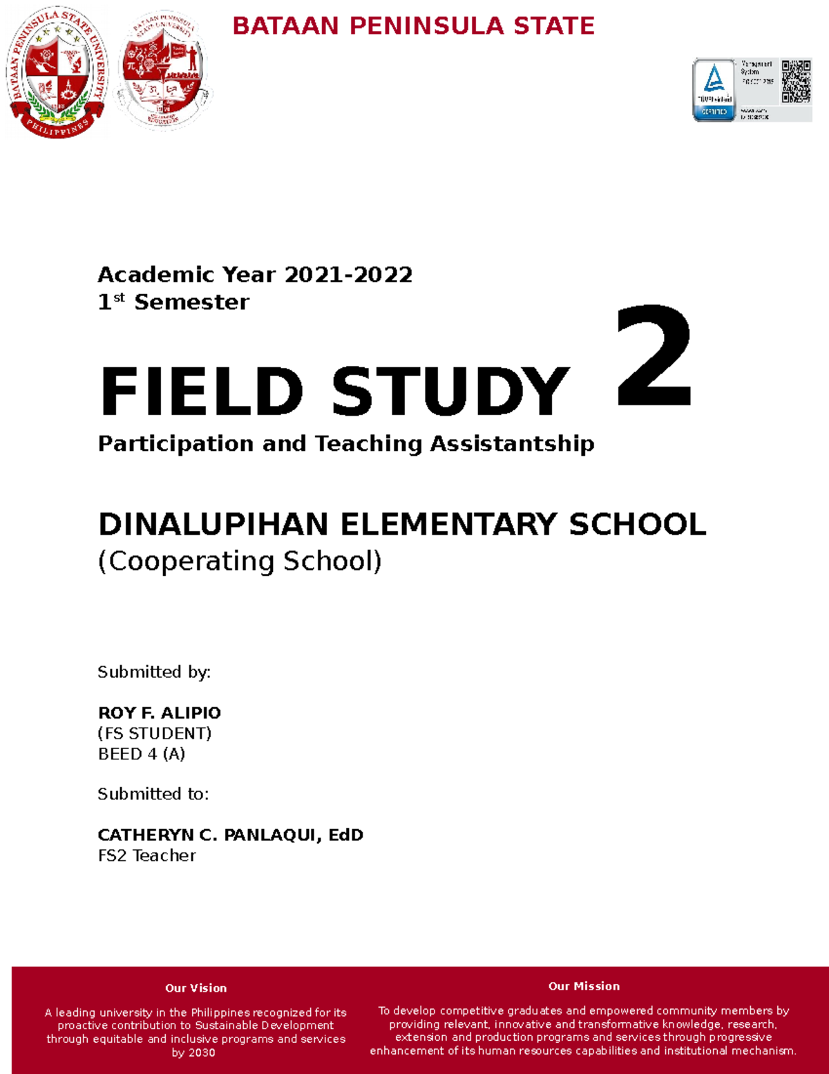 FS2- Eport- Template - none - Academic Year 2021- 1 st Semester FIELD ...